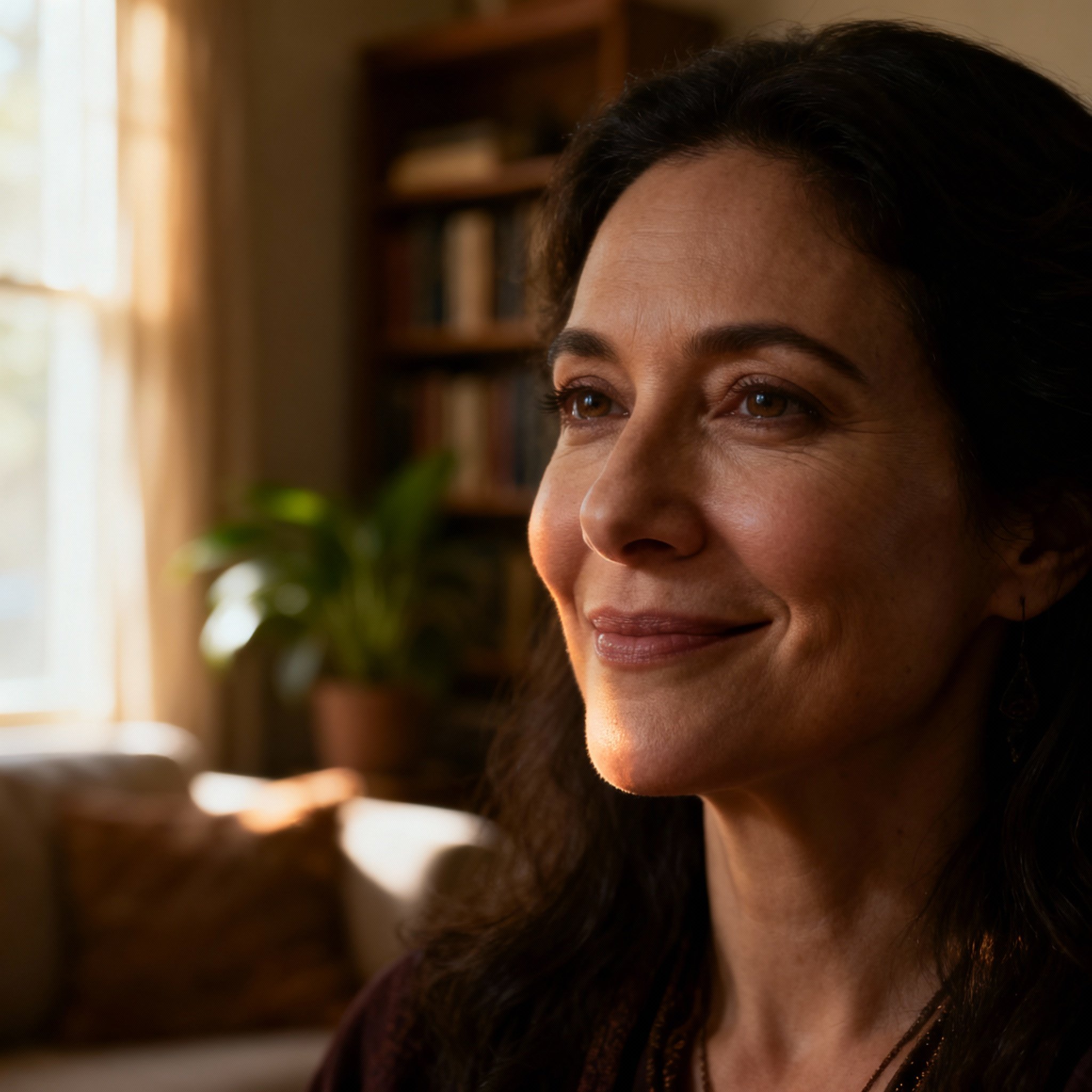 A close-up portrait of a compassionate psychic, Sami J, with a warm smile, set against soft indoor lighting, creating a sense of trust and serenity.