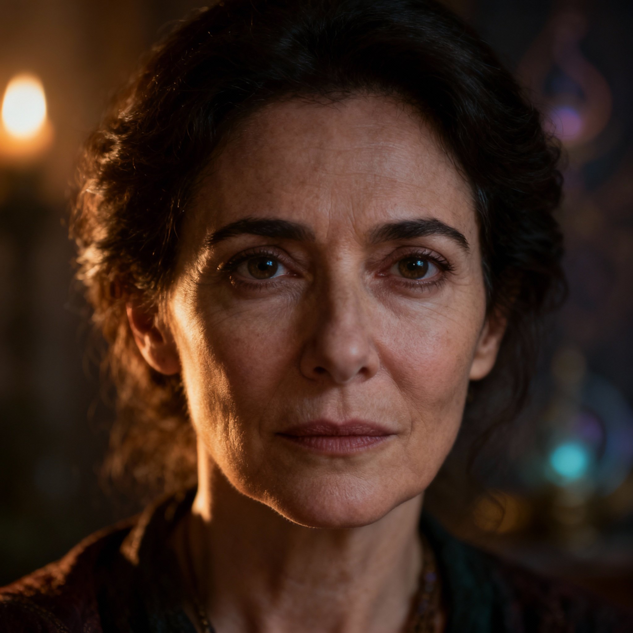 A cinematic close-up portrait of psychic Erica Fortuna. She has a warm yet sharp gaze looking directly at the camera, creating a feeling of both trustworthiness and deep mystery, set against a soft, dramatically lit background.