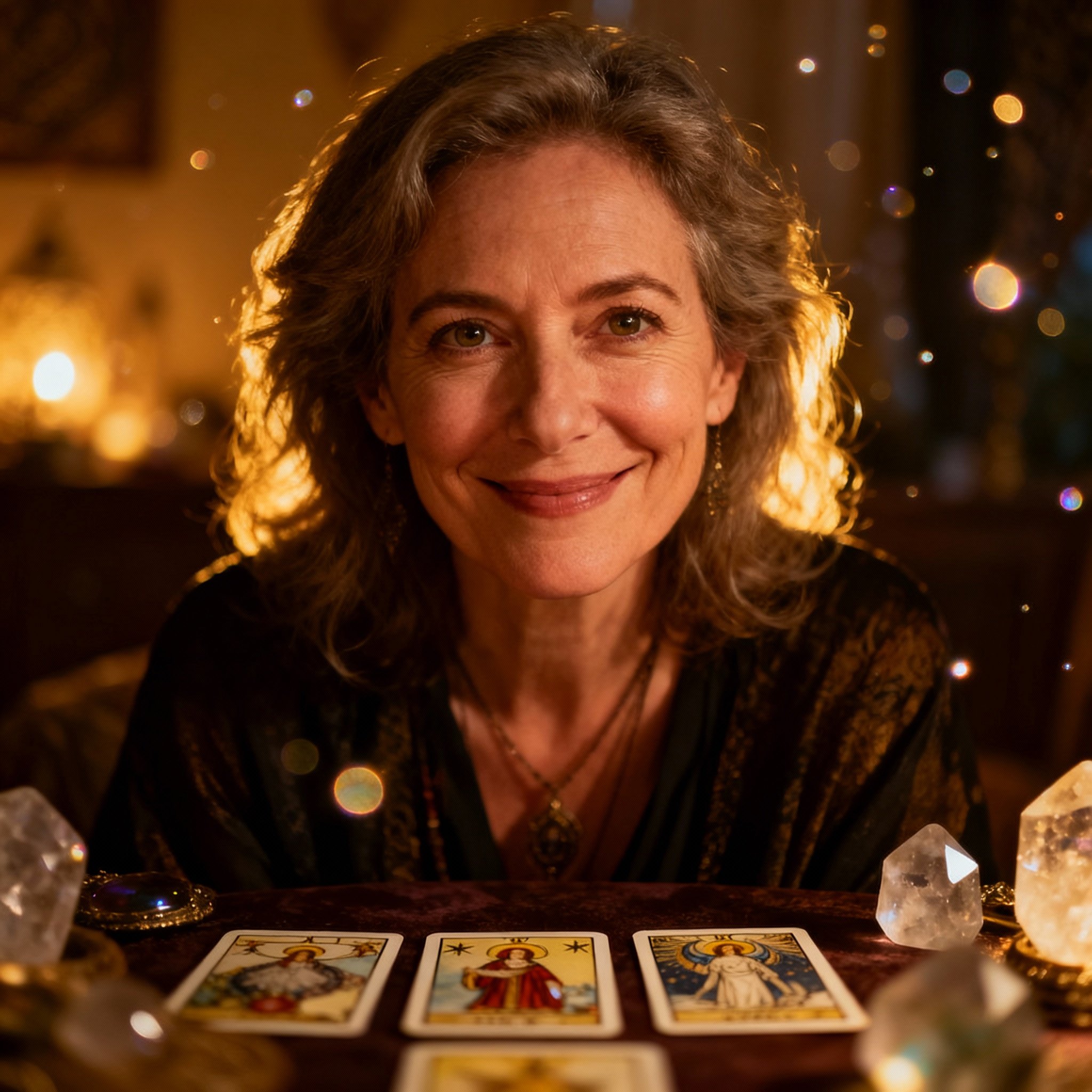 A close-up portrait of a wise and empathetic female psychic, ElderVae. Her gaze is gentle yet firm, with a soft halo of light in the background, creating a trustworthy atmosphere.