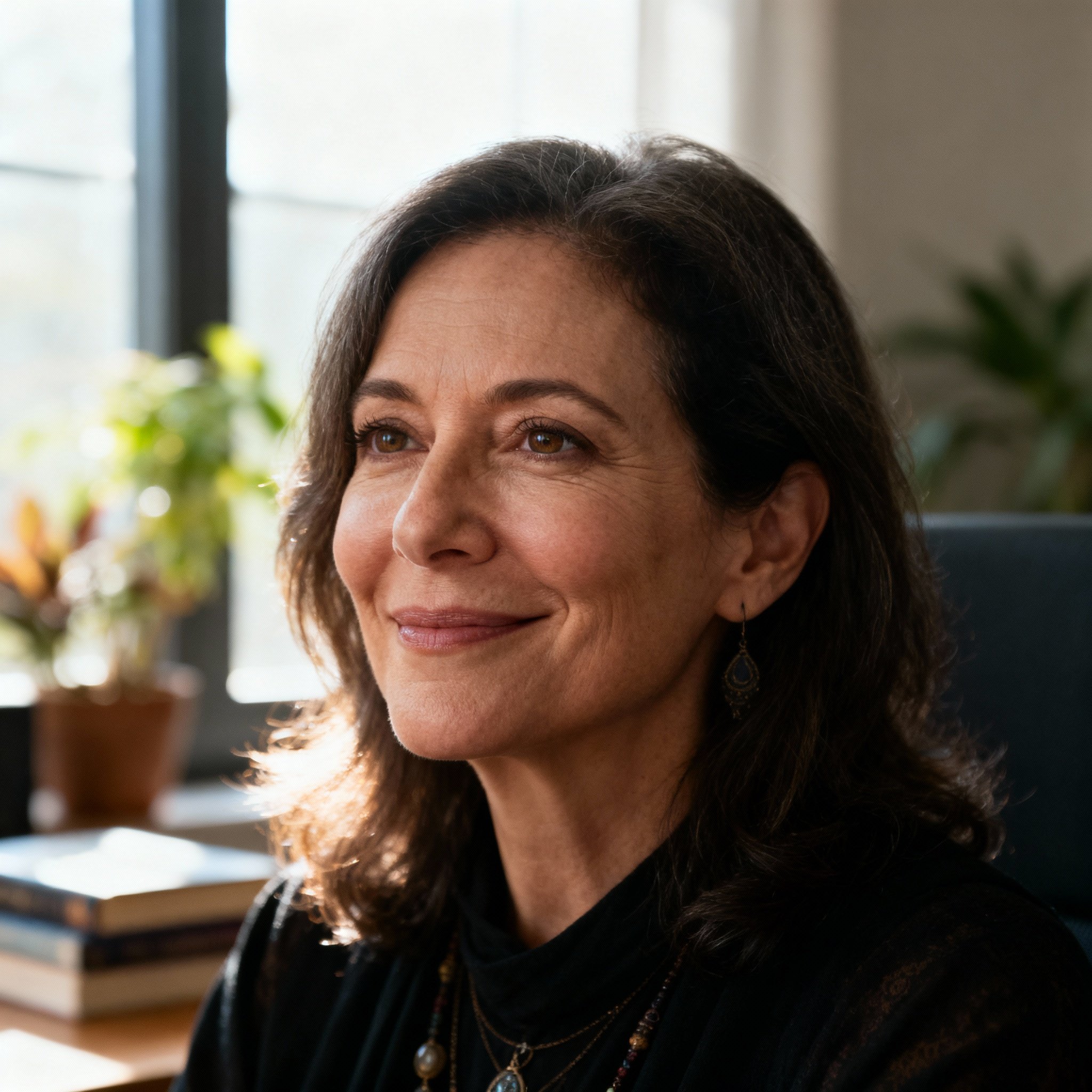 A close-up portrait of a female psychic mentor in her 40s, smiling with a wise and compassionate expression. The background is a soft, cozy consultation room, creating a sense of trust.