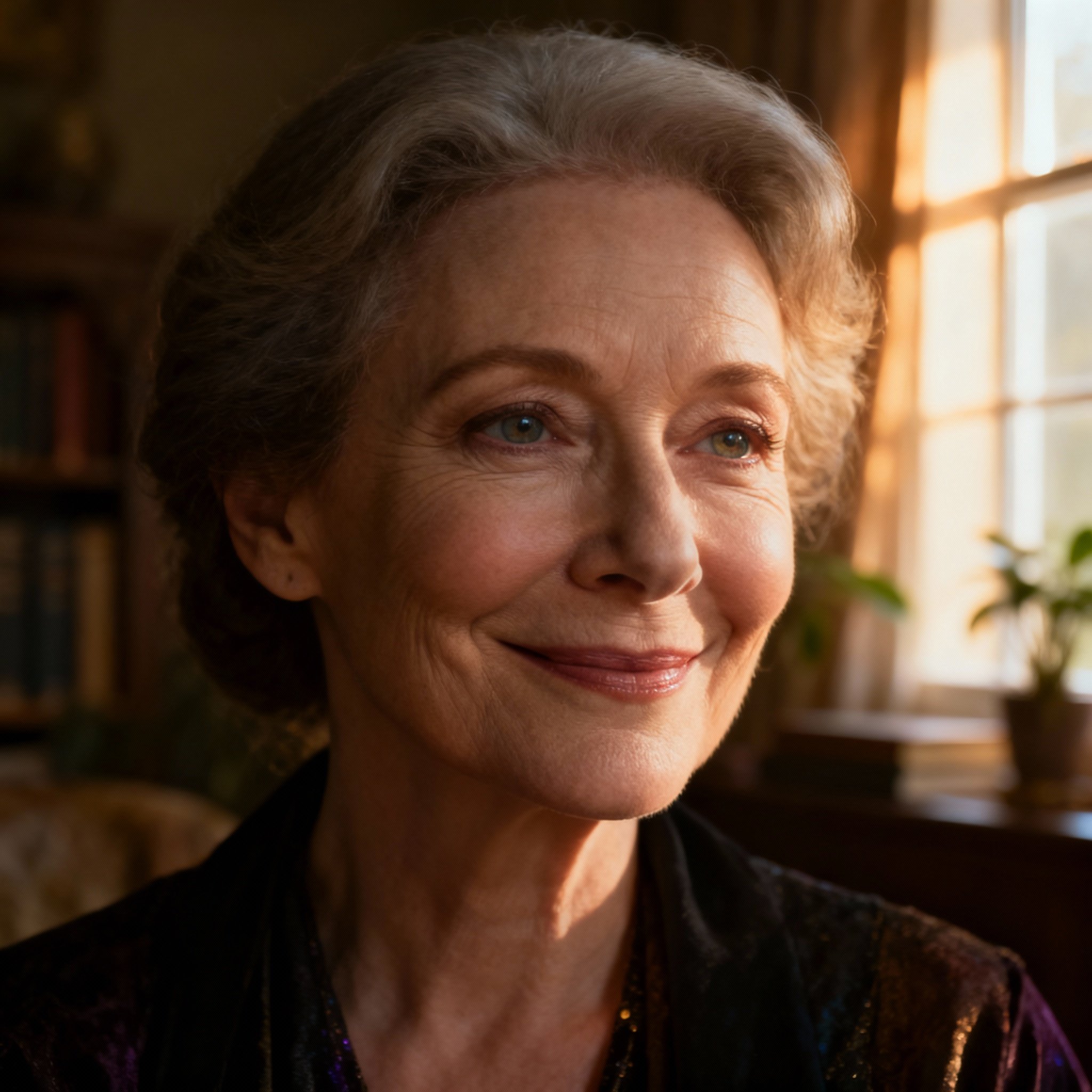A close-up portrait of a wise and compassionate middle-aged female psychic advisor, smiling with a warm and trustworthy gaze.