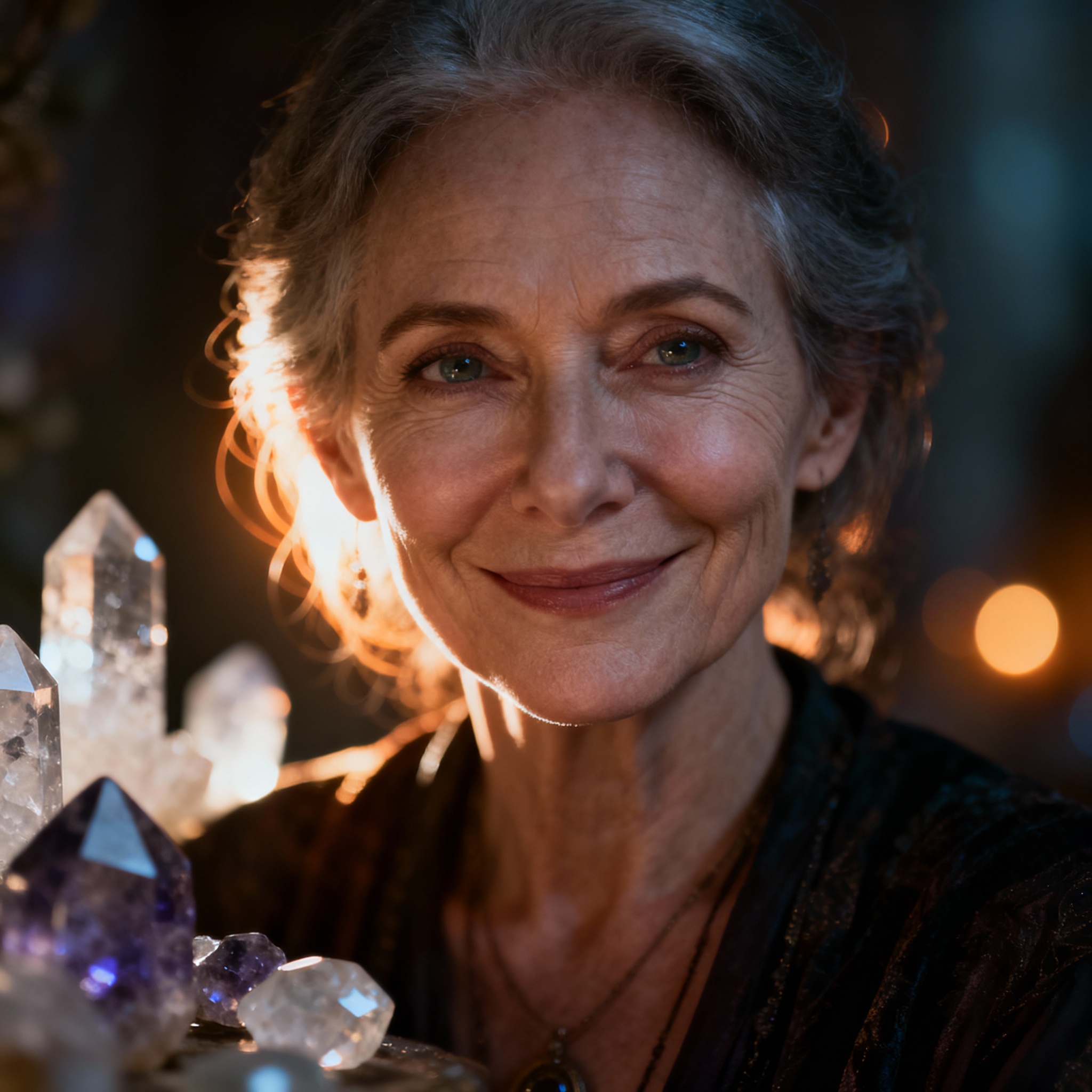 A close-up portrait of psychic advisor Crystal Aventura. She has a warm, compassionate smile and her eyes show wisdom and insight, set against a soft, glowing background.