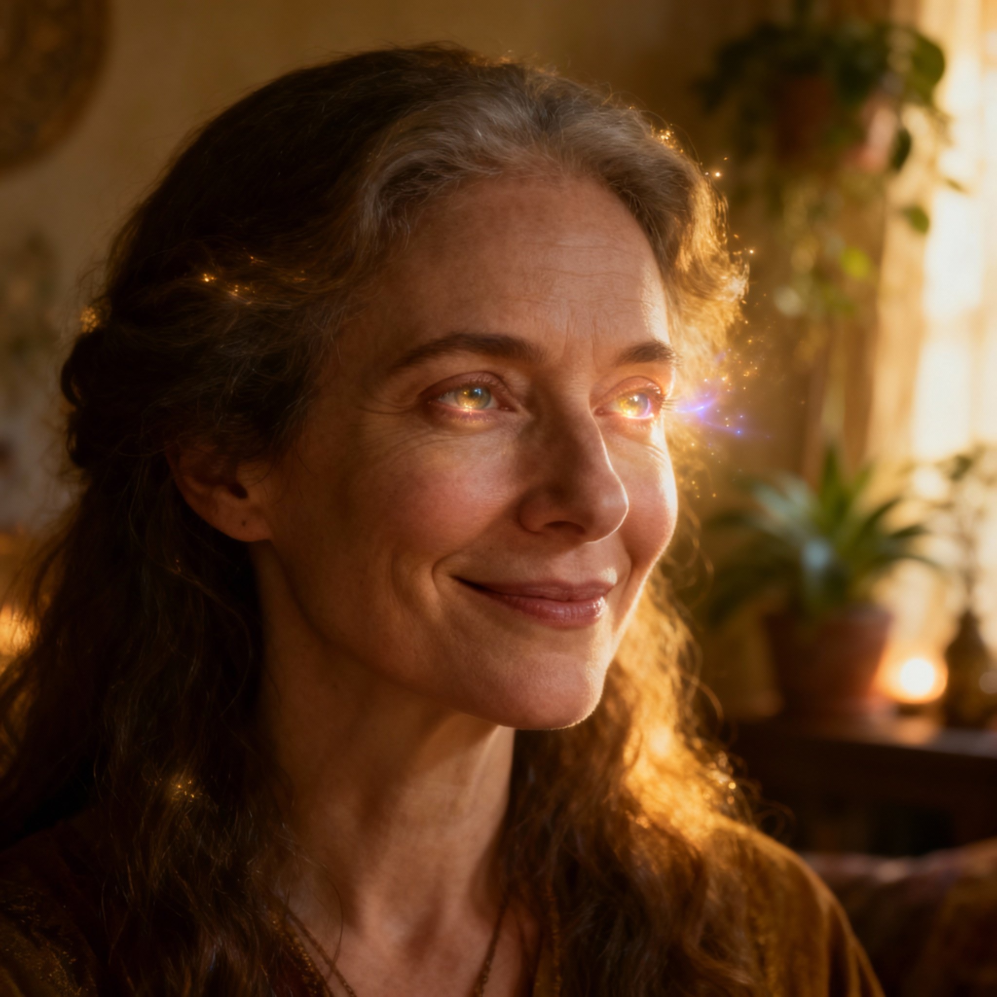 A close-up portrait of psychic Aine Ra. She appears wise and compassionate, with warm, steady eyes against a soft background, creating a professional and trustworthy atmosphere.