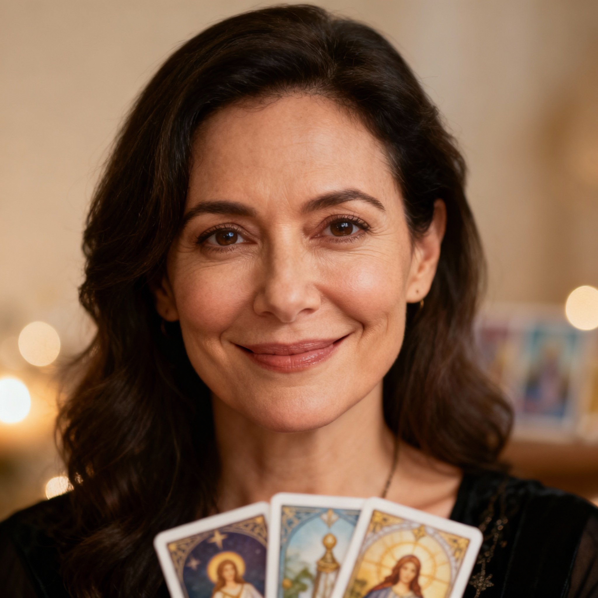 A close-up portrait of a compassionate psychic advisor, Stephanie. She has a warm smile and wise eyes, with a soft background creating an atmosphere of trust and reassurance.