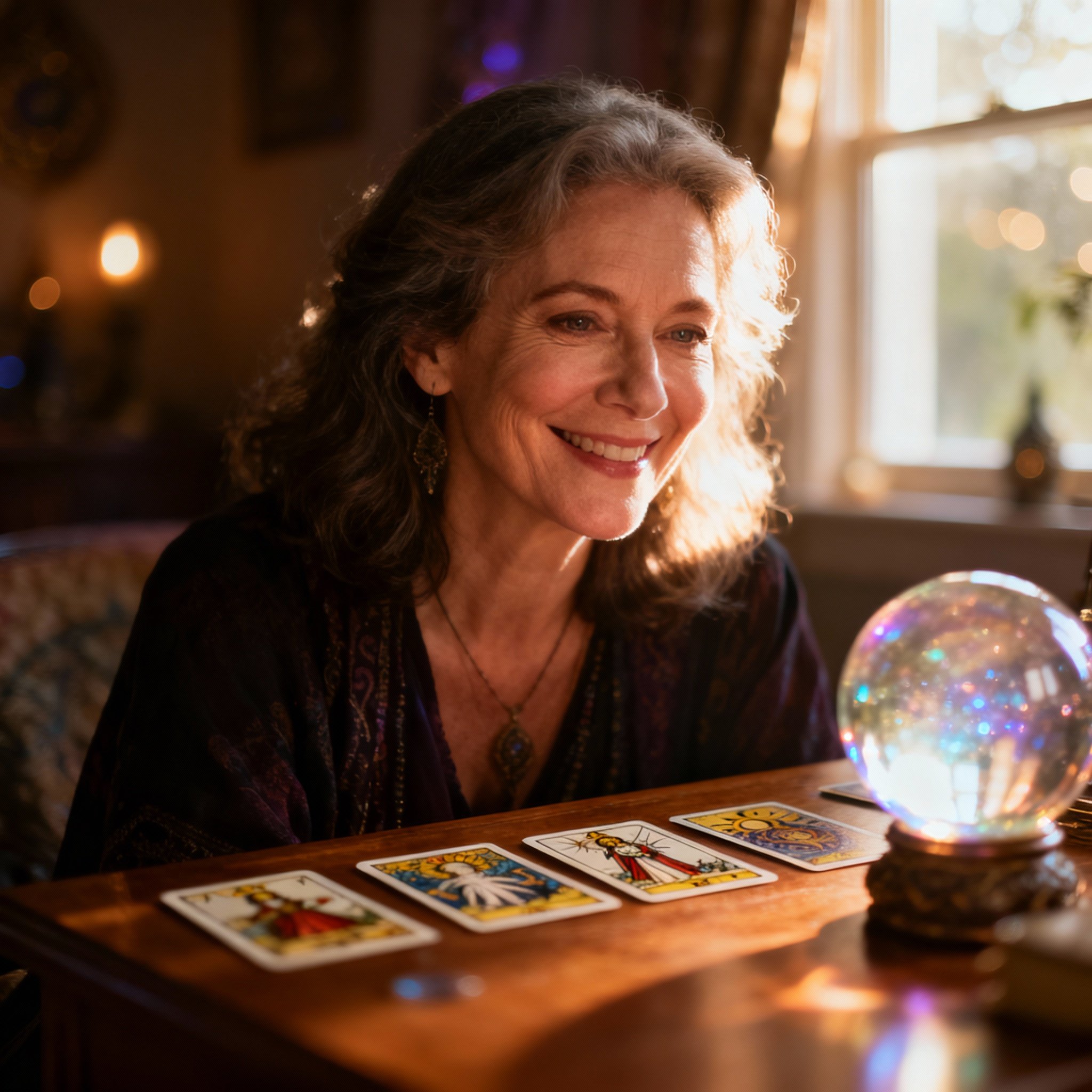 A close-up portrait of Luna Tarot, a wise and empathetic female psychic advisor, with soft lighting behind her and tarot cards and crystals on her desk, creating a warm and trustworthy atmosphere.