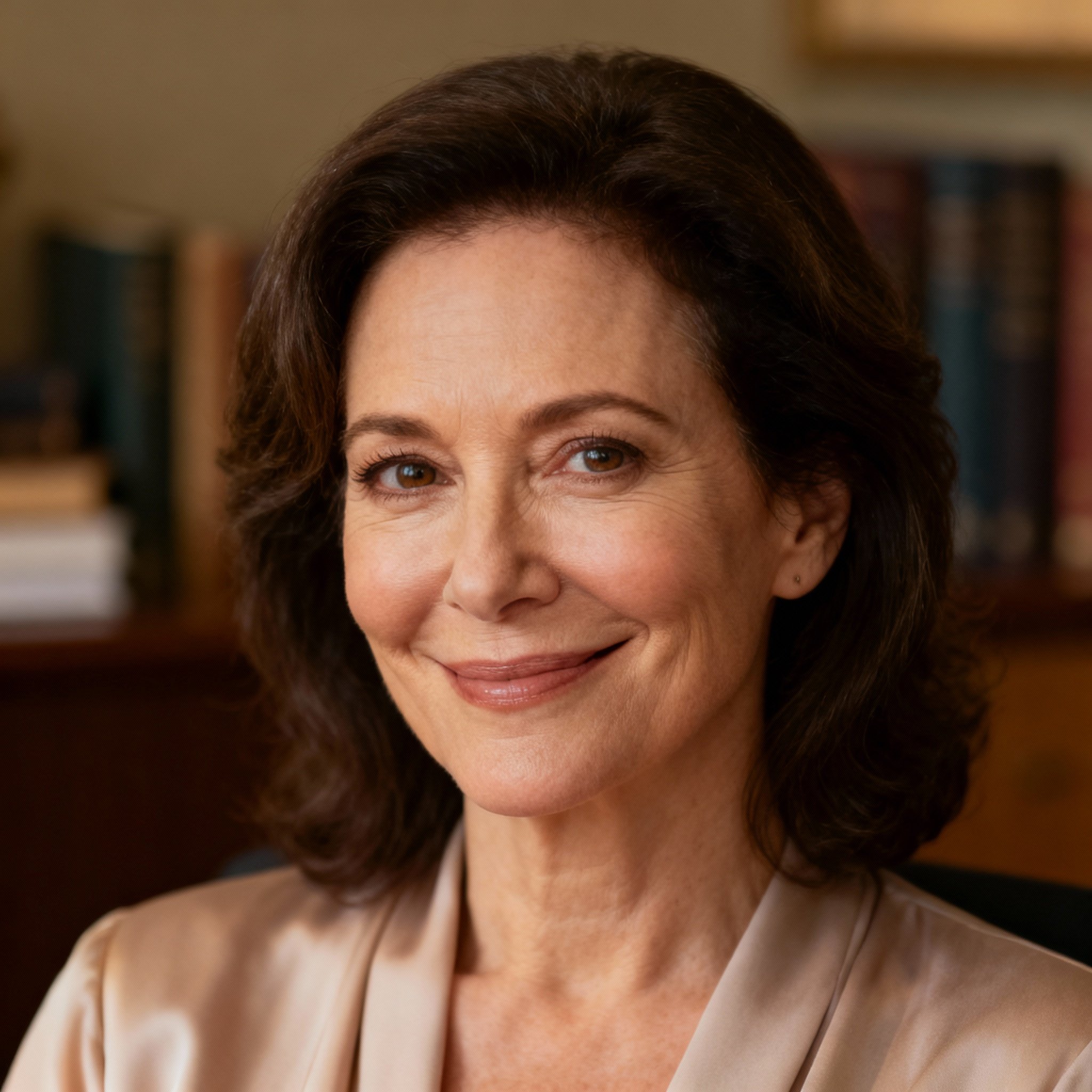 A close-up portrait of a wise and compassionate female psychic. She is around 45, with kind eyes and a warm, reassuring smile, creating an atmosphere of trust and professionalism.