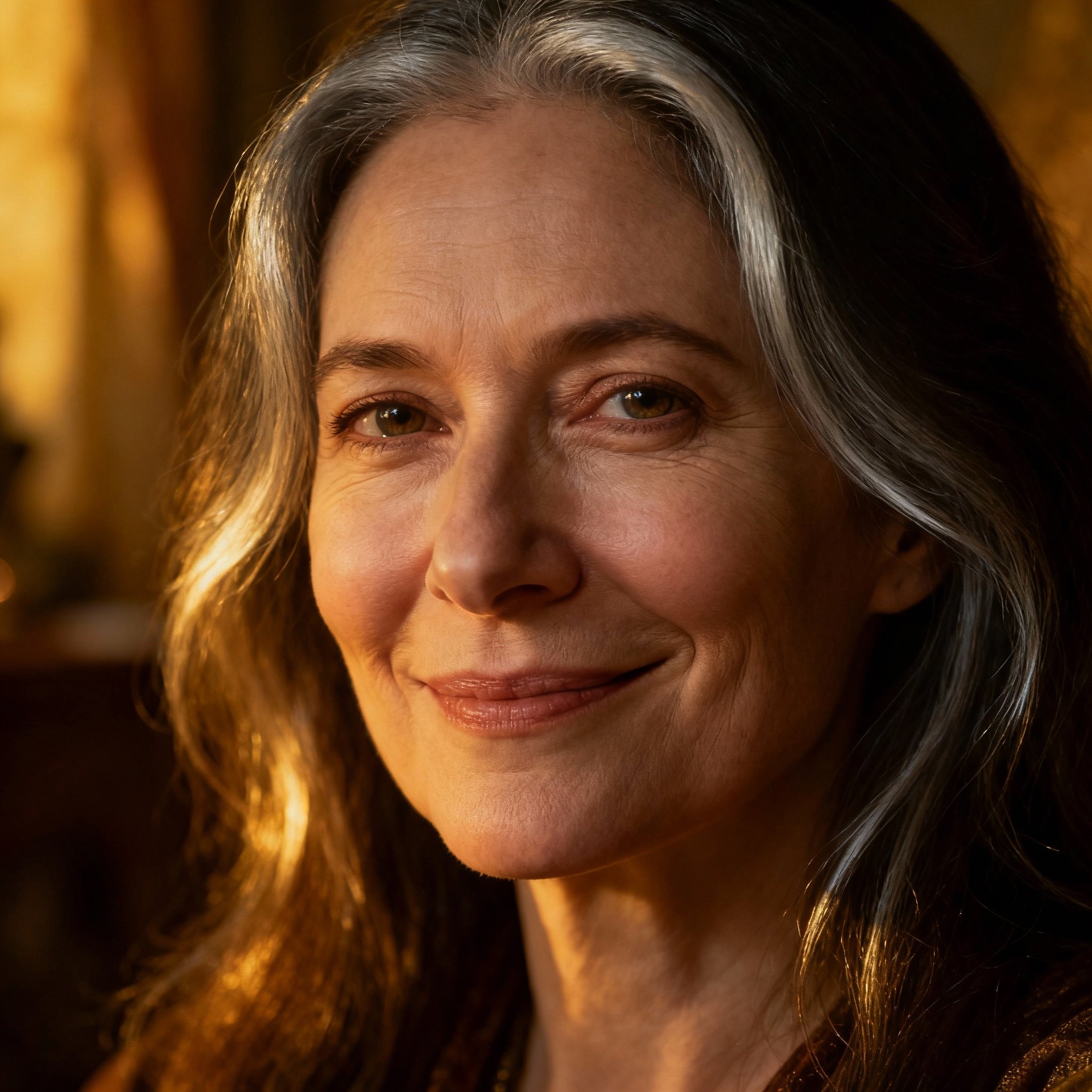 A close-up portrait of Psychic Flora, a wise and compassionate middle-aged woman. Her gaze is warm and her background is soft, evoking a sense of trust and reassurance.