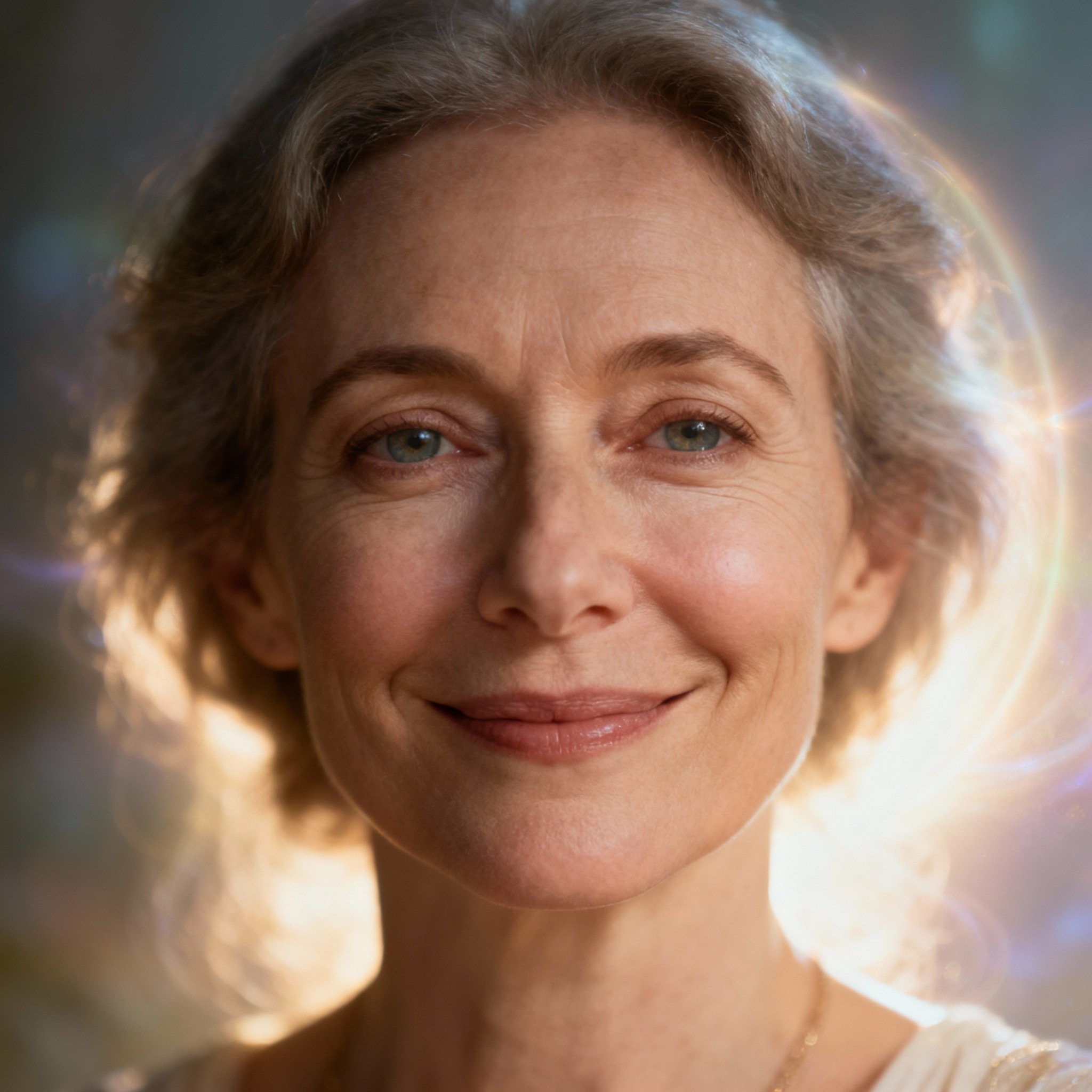 A close-up portrait of a wise and compassionate female psychic, with a knowing glimmer in her eyes, against a soft halo of light.