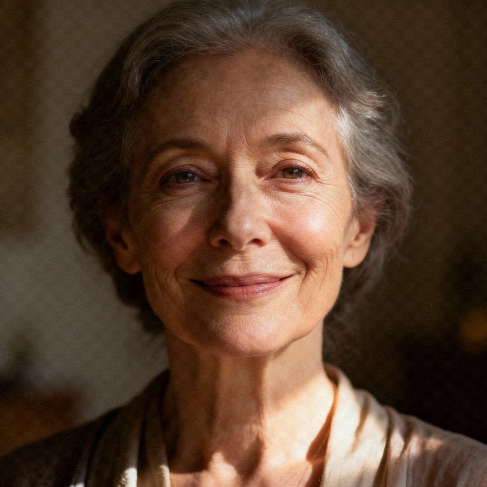 A close-up portrait of a mature female psychic with a warm, wise gaze, set against a soft background, conveying trust and mystery.