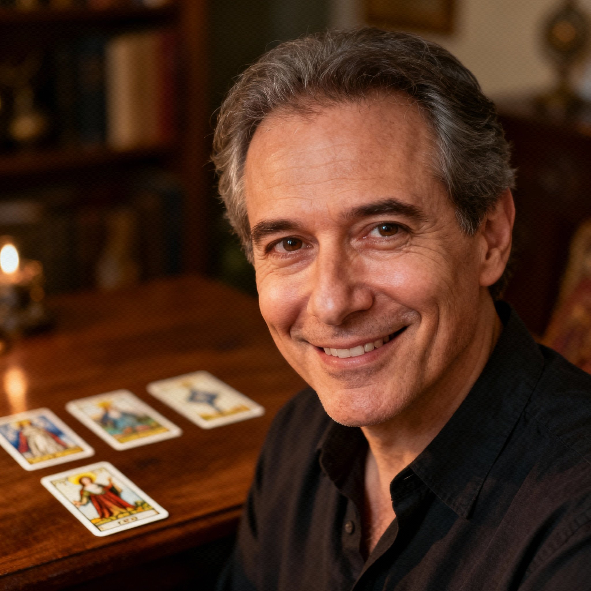 A close-up portrait of Andre Spirit, a middle-aged male psychic with kind eyes and a warm smile. The background is his softly lit consultation room, creating a professional, compassionate, and trustworthy atmosphere.