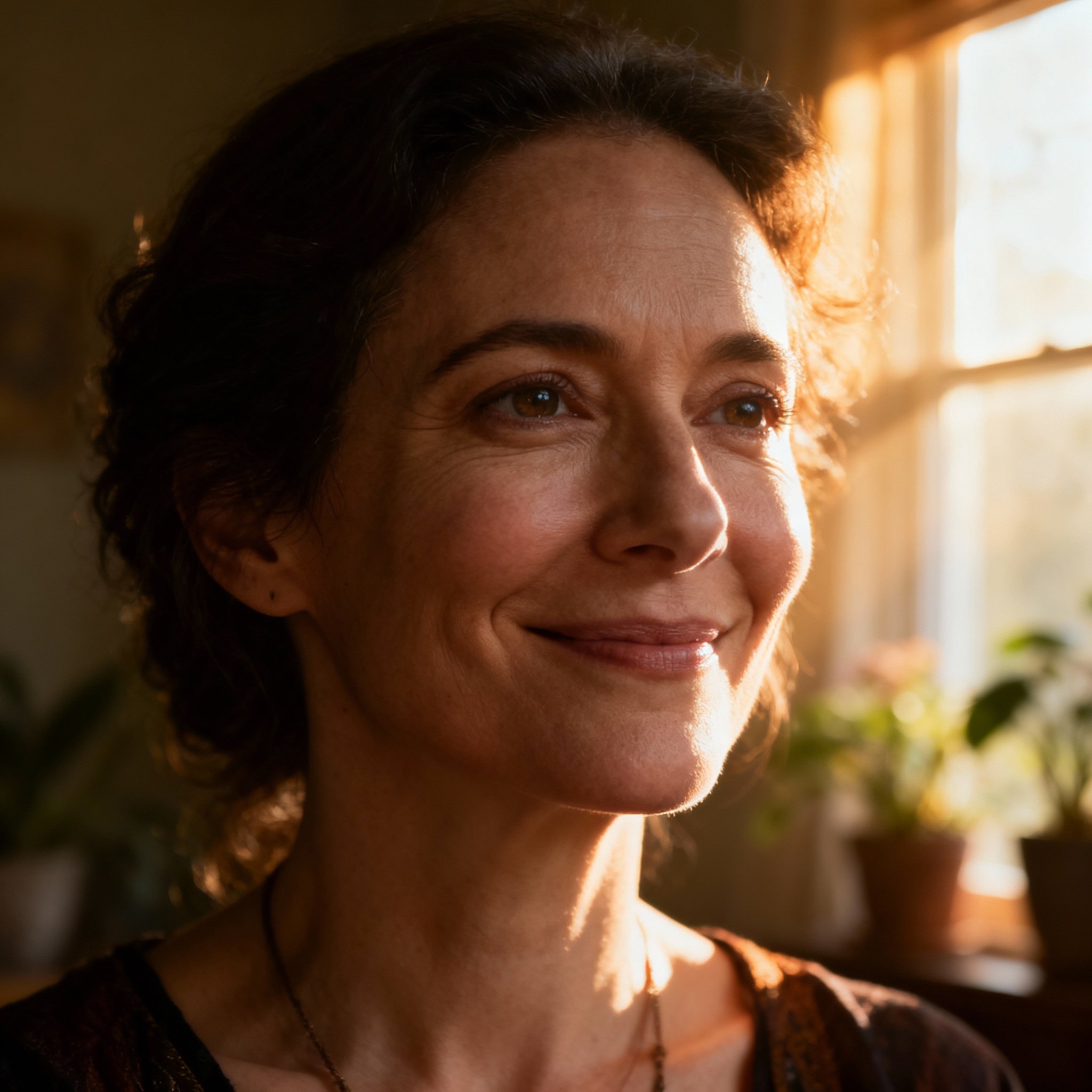 A close-up portrait of the psychic Stormie Bleu, featuring her warm and compassionate eyes and a slight smile, evoking a sense of trust like that of a close friend.