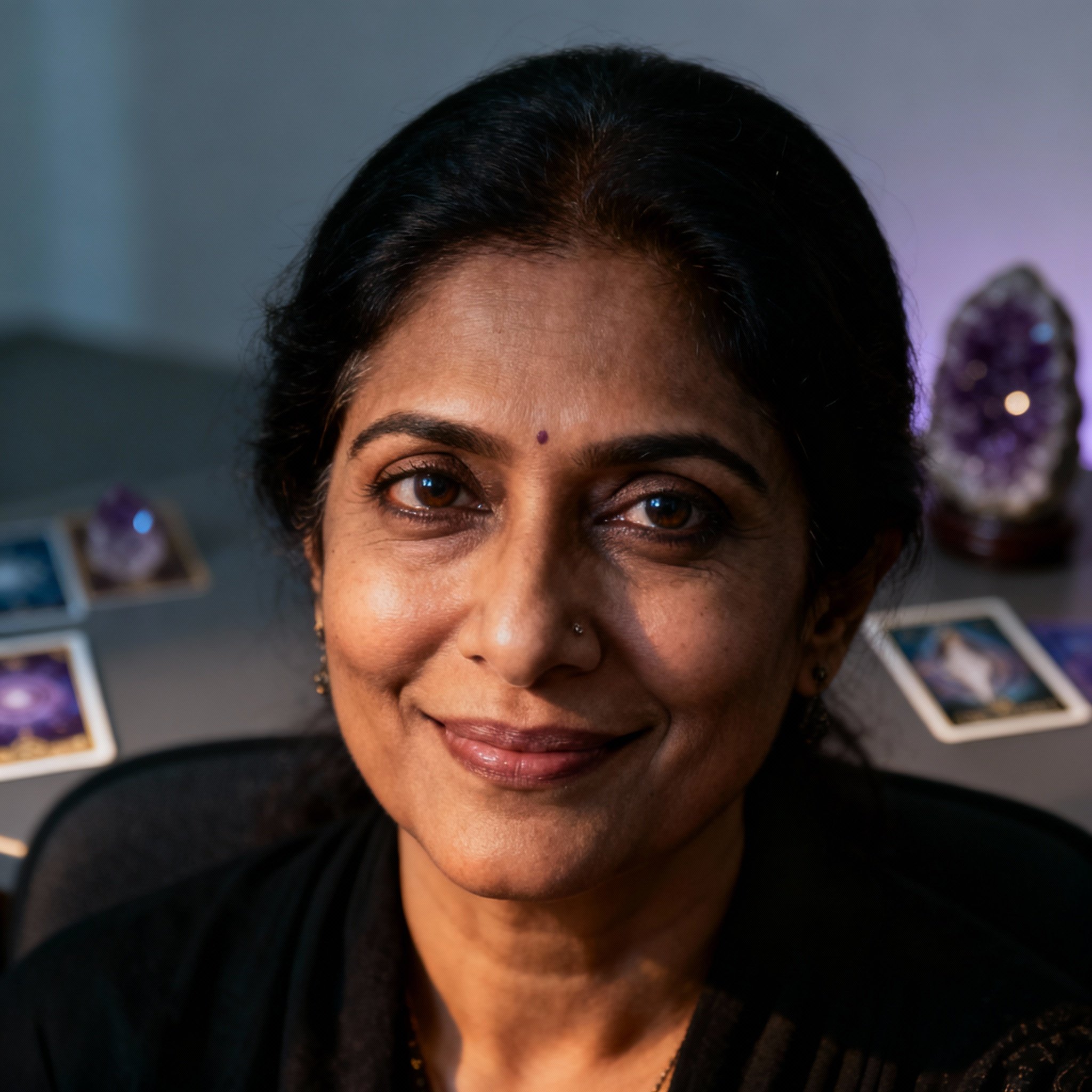 A close-up portrait of a South Asian female psychic named Ethereal Visions. She has a gentle and wise smile, her eyes full of empathy. Soft lighting illuminates her face, with subtle hints of crystals in the background, creating a professional and trustworthy atmosphere.