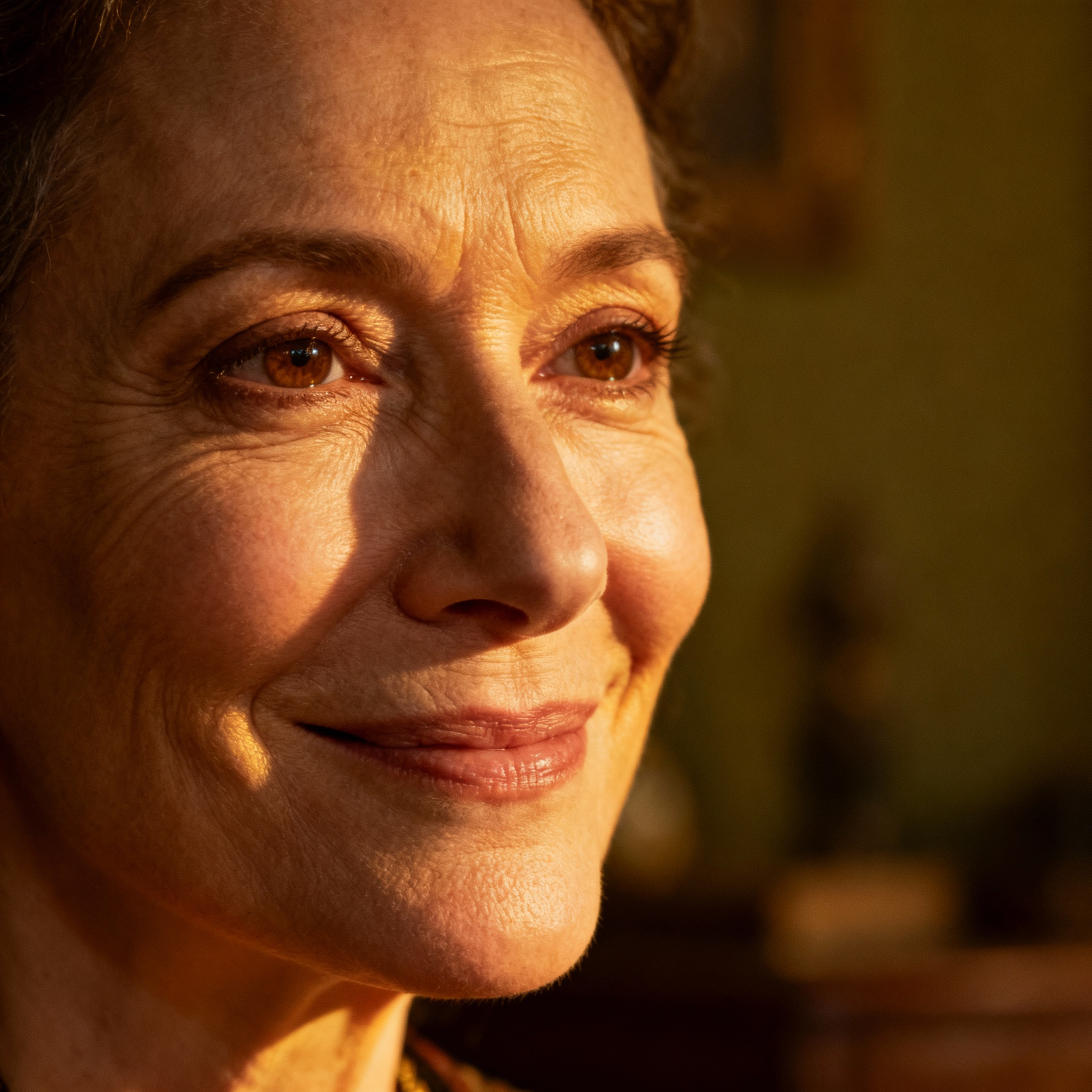 A close-up portrait of a compassionate, middle-aged female psychic, Stacy Joyce, with a wise smile and soft, warm lighting in the background, creating a sense of trust.