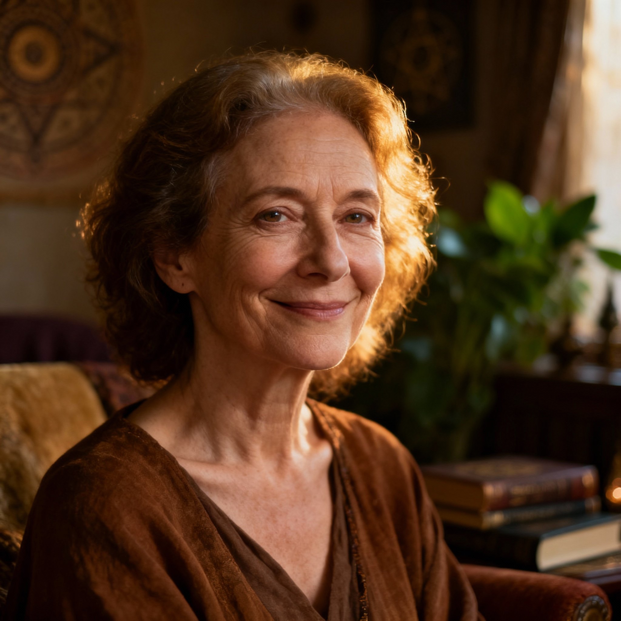 A close-up portrait of a wise and compassionate middle-aged female psychic, Gal. She has a warm gaze and a gentle smile, set against a soft, cozy consultation room, evoking a sense of trust and professionalism.