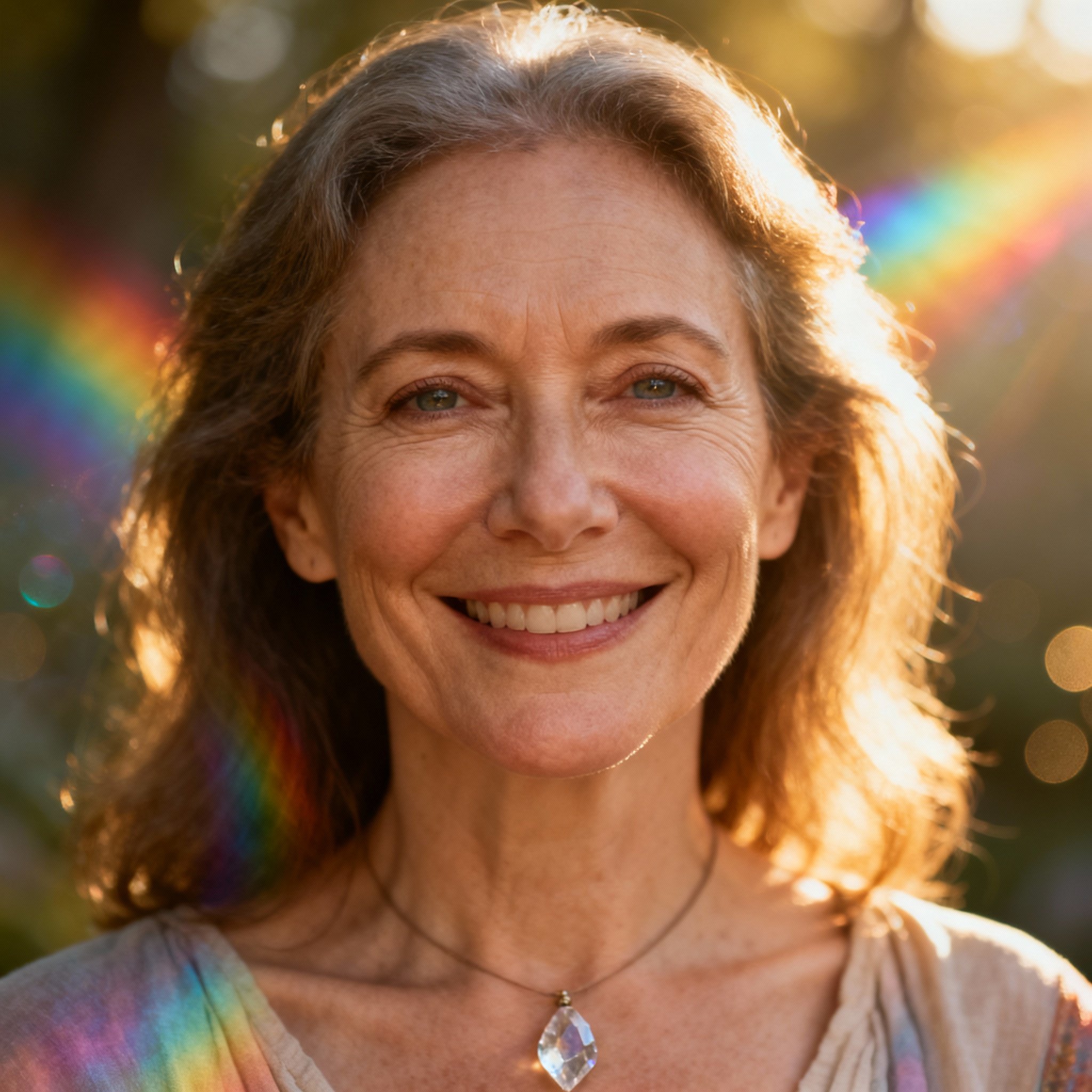 A close-up portrait of a female psychic named Rainbow, with a warm smile and eyes full of wisdom and compassion, against a background with a subtle, soft rainbow-colored halo, creating a trustworthy atmosphere.