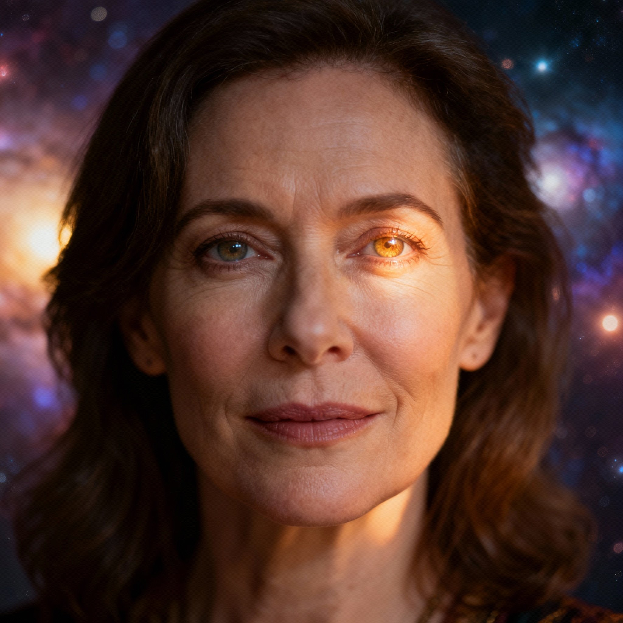 A close-up portrait of a modern psychic, Cleary, exuding wisdom and empathy. Her gaze is firm yet warm, set against a soft background to create a sense of trust and professionalism.