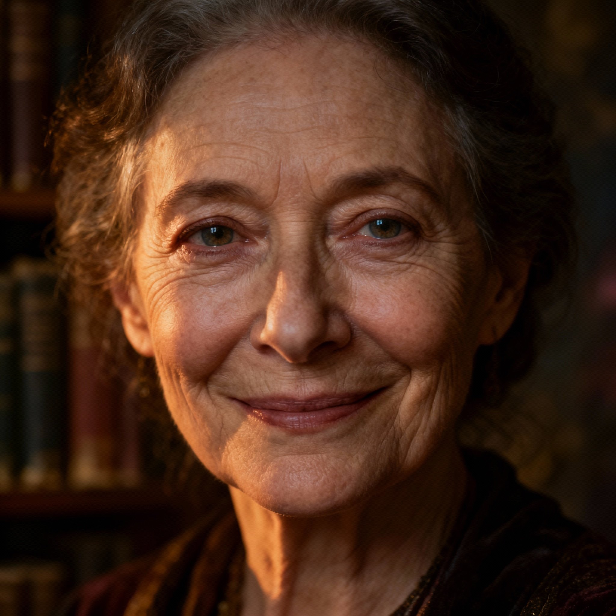 A close-up portrait of a wise and experienced elderly female psychic, her eyes are deep, exuding a sense of trust and insight.