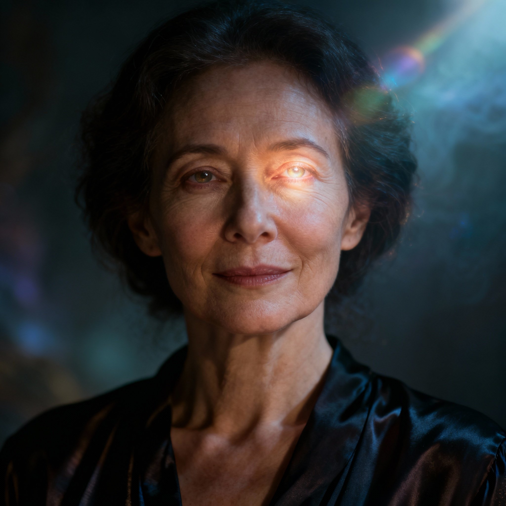 A close-up portrait of a compassionate and wise middle-aged female psychic. Her gaze is warm yet firm, filled with insight. Soft Rembrandt lighting sculpts her trustworthy features against a subtle, ethereal atmosphere.