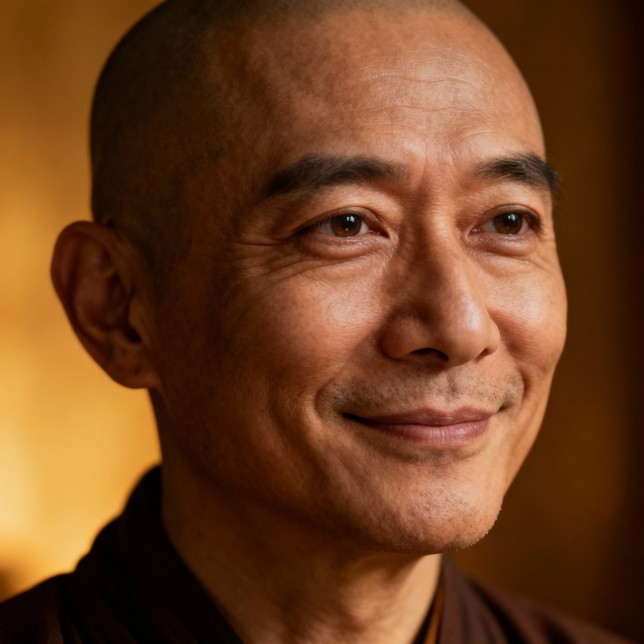 A close-up portrait of a calm, wise, middle-aged male psychic master. He has deep, perceptive eyes and a serene yet compassionate expression. Soft light illuminates his face against a tranquil meditation space, creating an image of trustworthy professionalism.