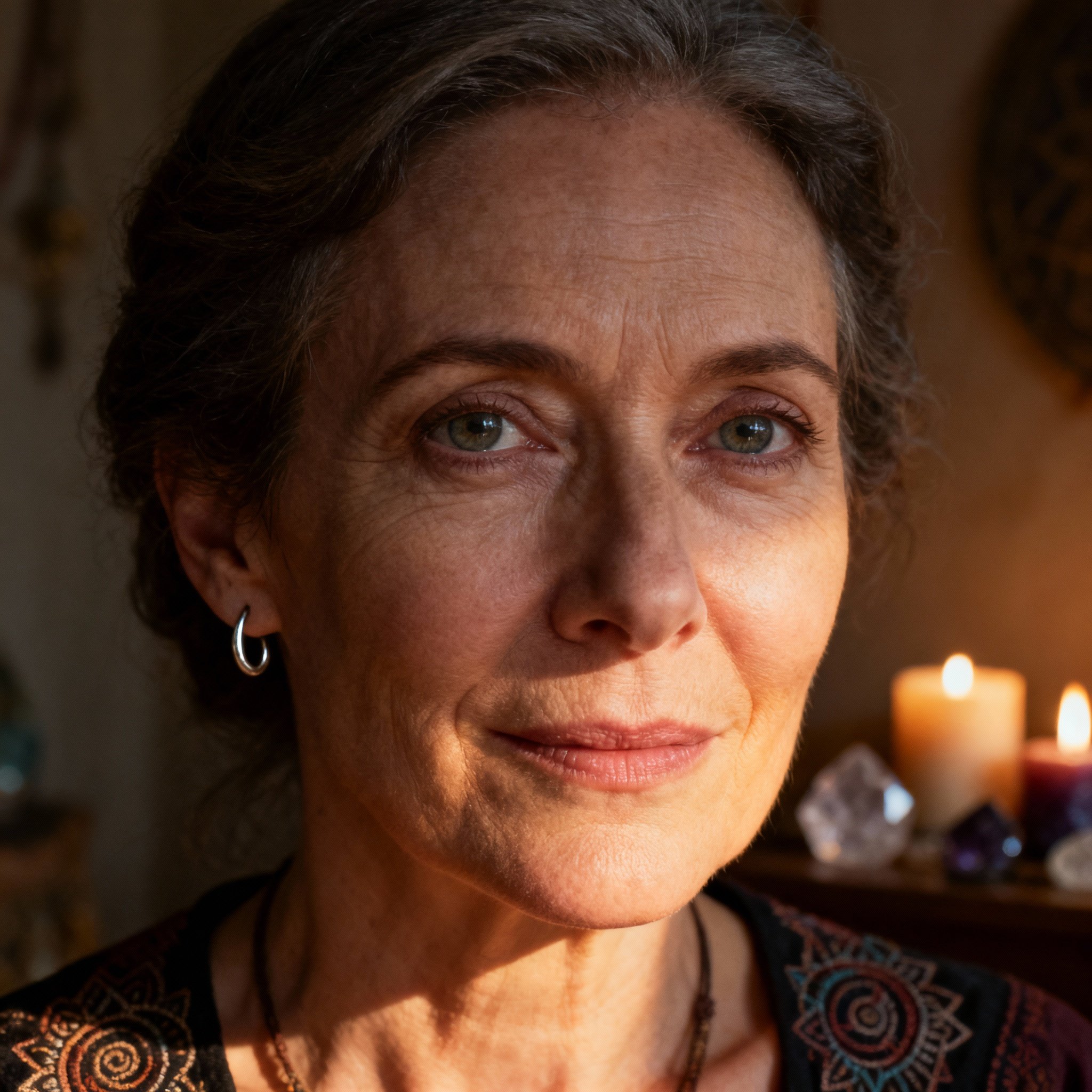 A close-up portrait of a mysterious yet compassionate female psychic, with a knowing glimmer in her eyes, against a softly lit background, creating an atmosphere of trust and mystique.