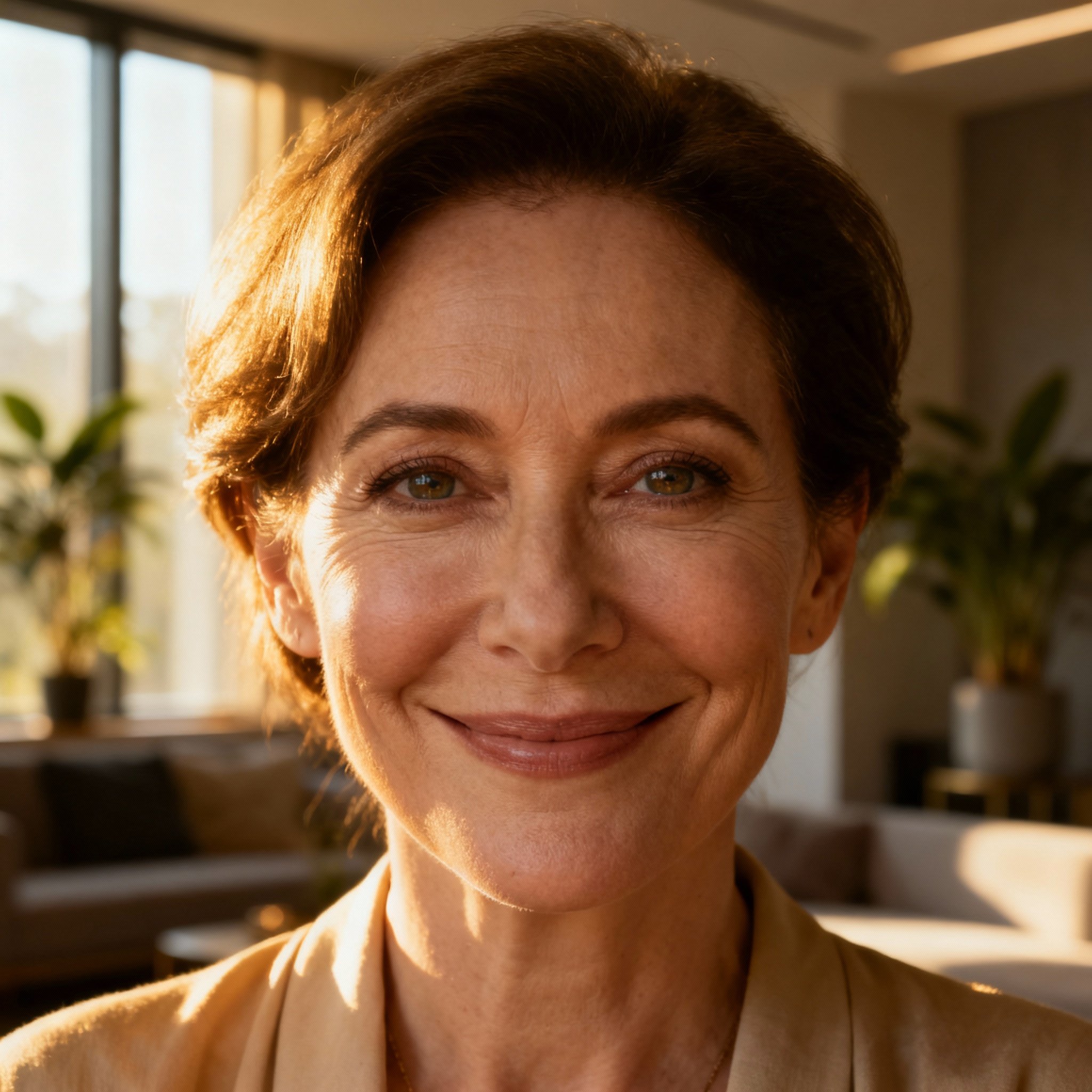 A close-up portrait of a modern female psychic, wise and compassionate, looking confidently at the camera against a soft, inviting background, creating a sense of trust.