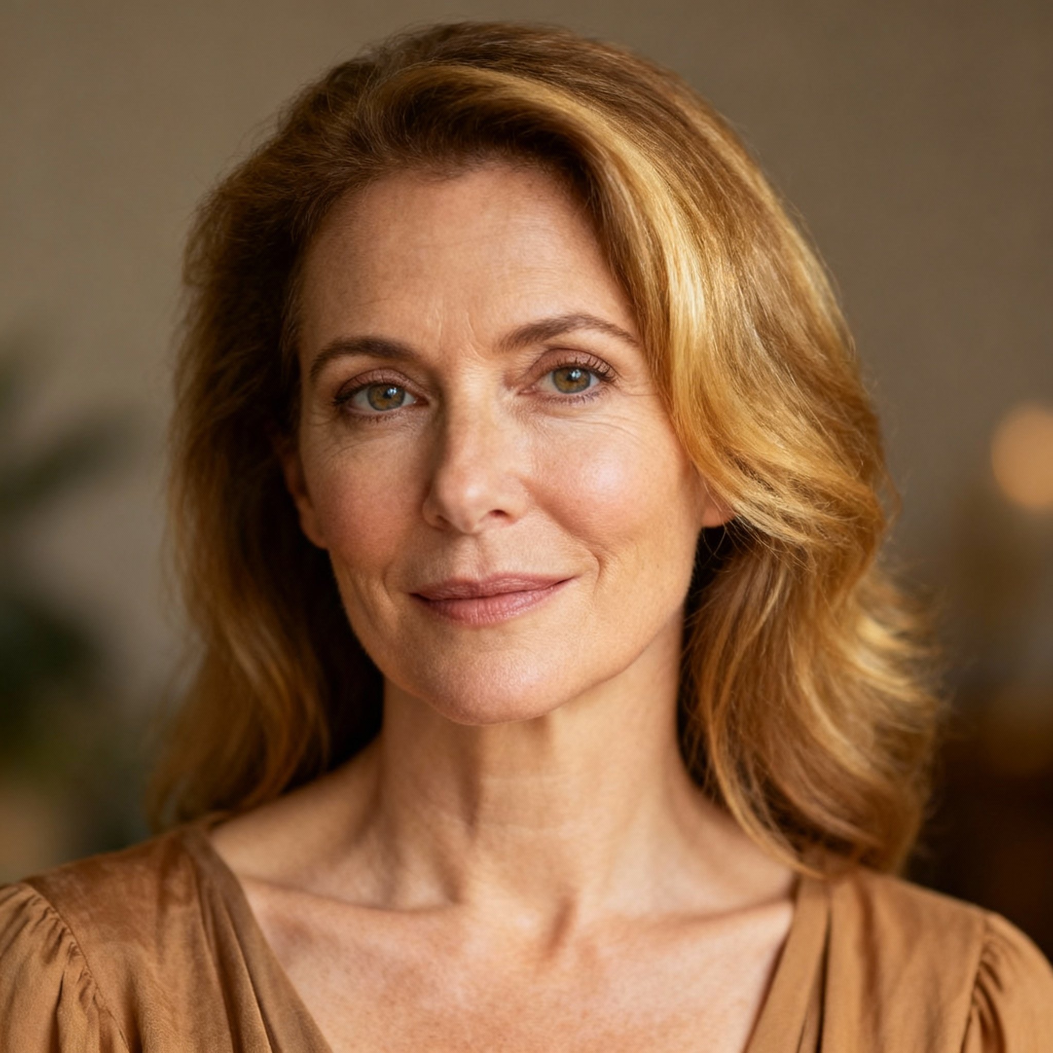 A professional headshot of psychic advisor Allyson WolfMoon, her eyes are warm and wise, set against a soft background, creating a trustworthy and approachable atmosphere.