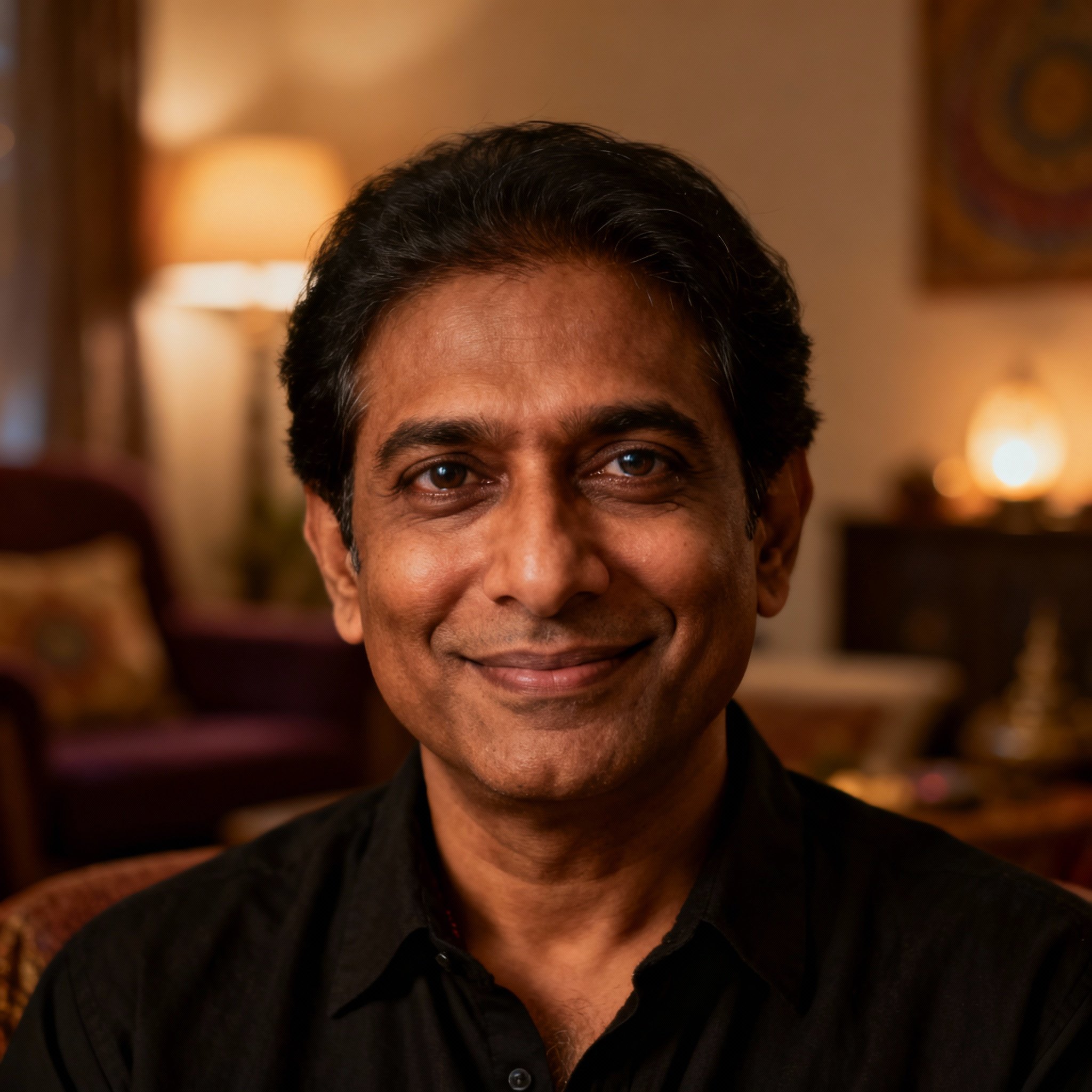 A close-up portrait of psychic Vinny De Shiva, a wise and compassionate middle-aged Indian man with kind eyes and a gentle smile, conveying a sense of trustworthiness.