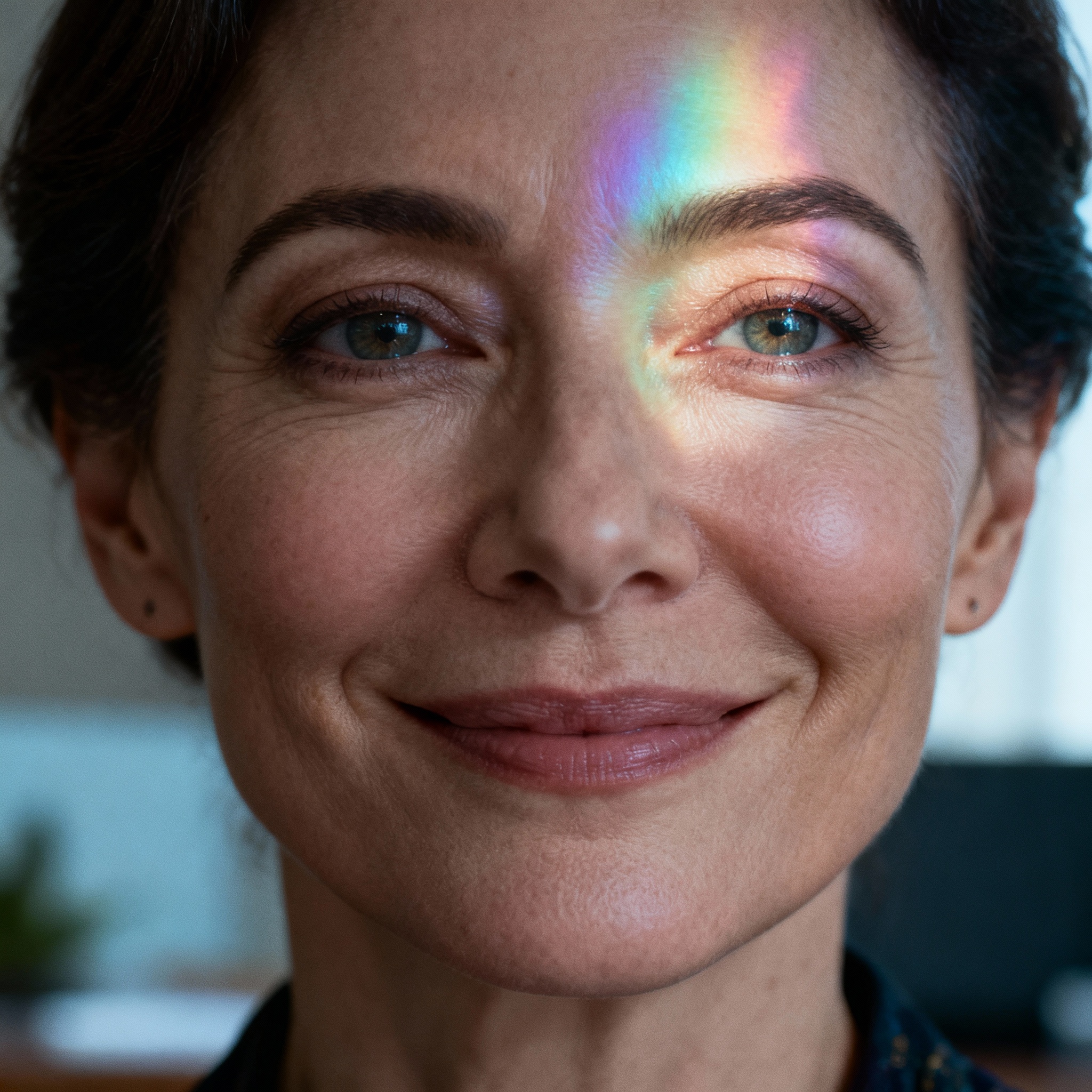 A close-up portrait of a psychic named Alaska, with a gentle yet wise smile, against a backdrop of soft light, creating an atmosphere of trust and serenity.
