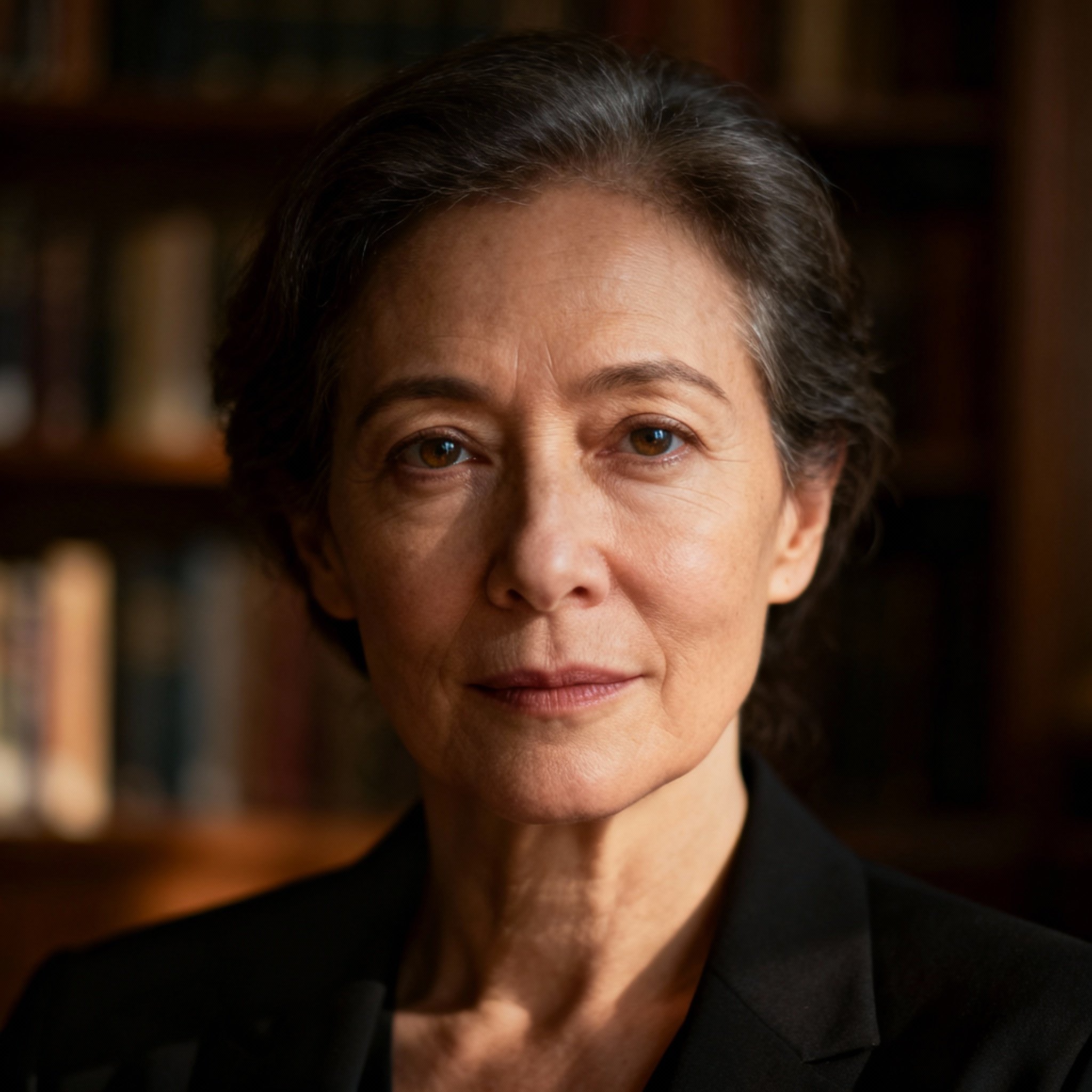 A close-up portrait of a wise and compassionate middle-aged female psychic. Her gaze is direct yet warm, inspiring a feeling of trust, set against a soft, gentle light that creates a professional and calm atmosphere.