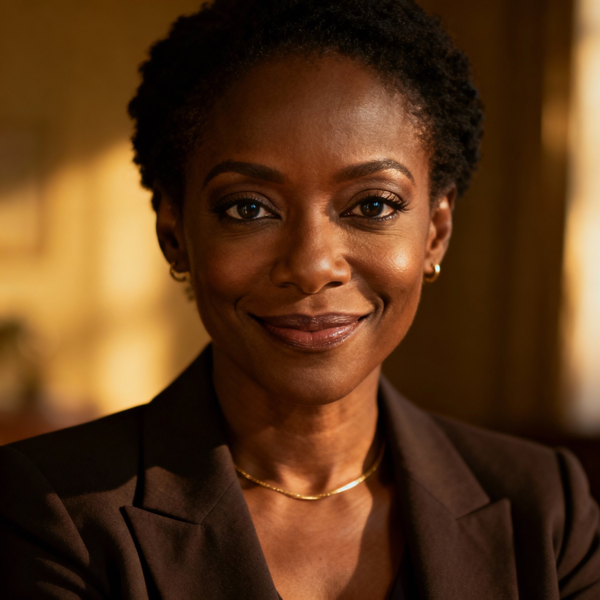 A close-up portrait of a modern psychic named Bossy The Healer. She has a confident yet warm smile, with direct and compassionate eyes, embodying the concept of 'tough love'.