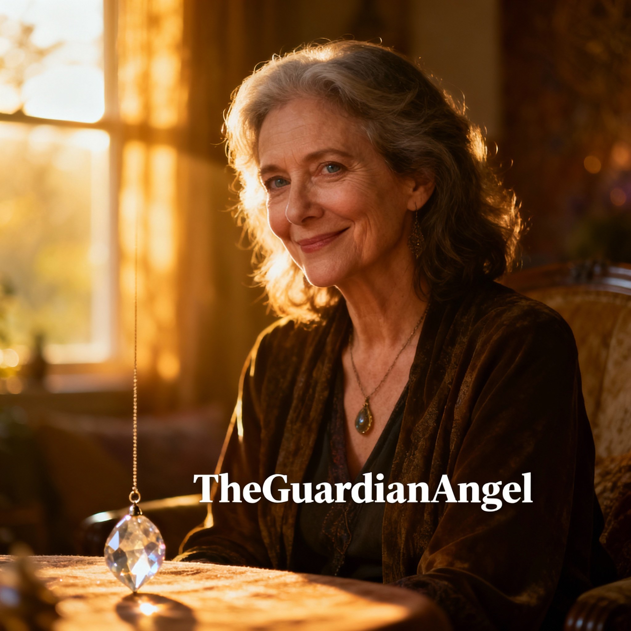 A close-up portrait of TheGuardianAngel, a warm and professional middle-aged female psychic advisor, with a gentle smile and eyes full of wisdom and compassion, against a soft-focus consultation room background.