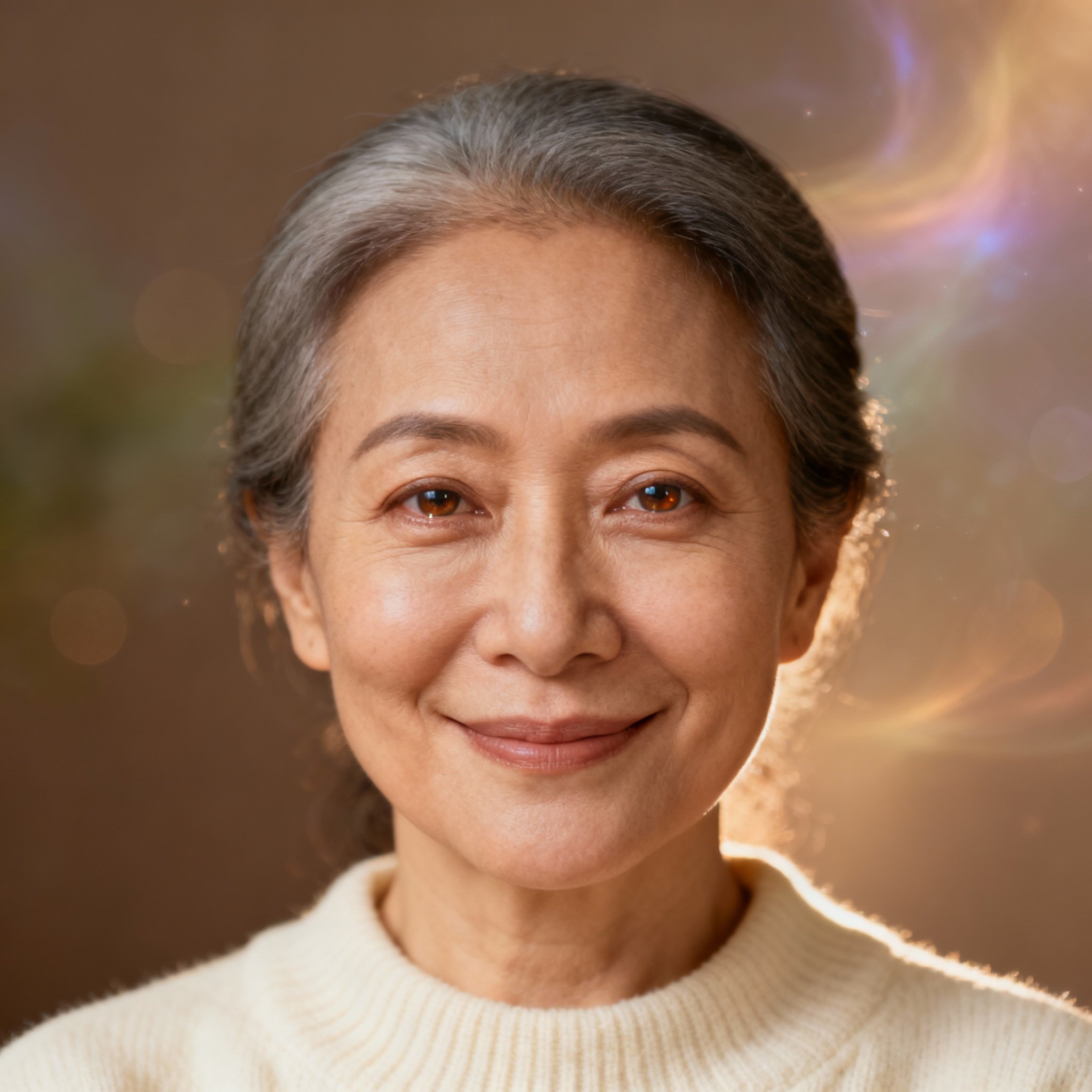 A close-up portrait of psychic advisor Kathy, featuring a warm and wise smile. The soft background creates an atmosphere of trust and empathy.