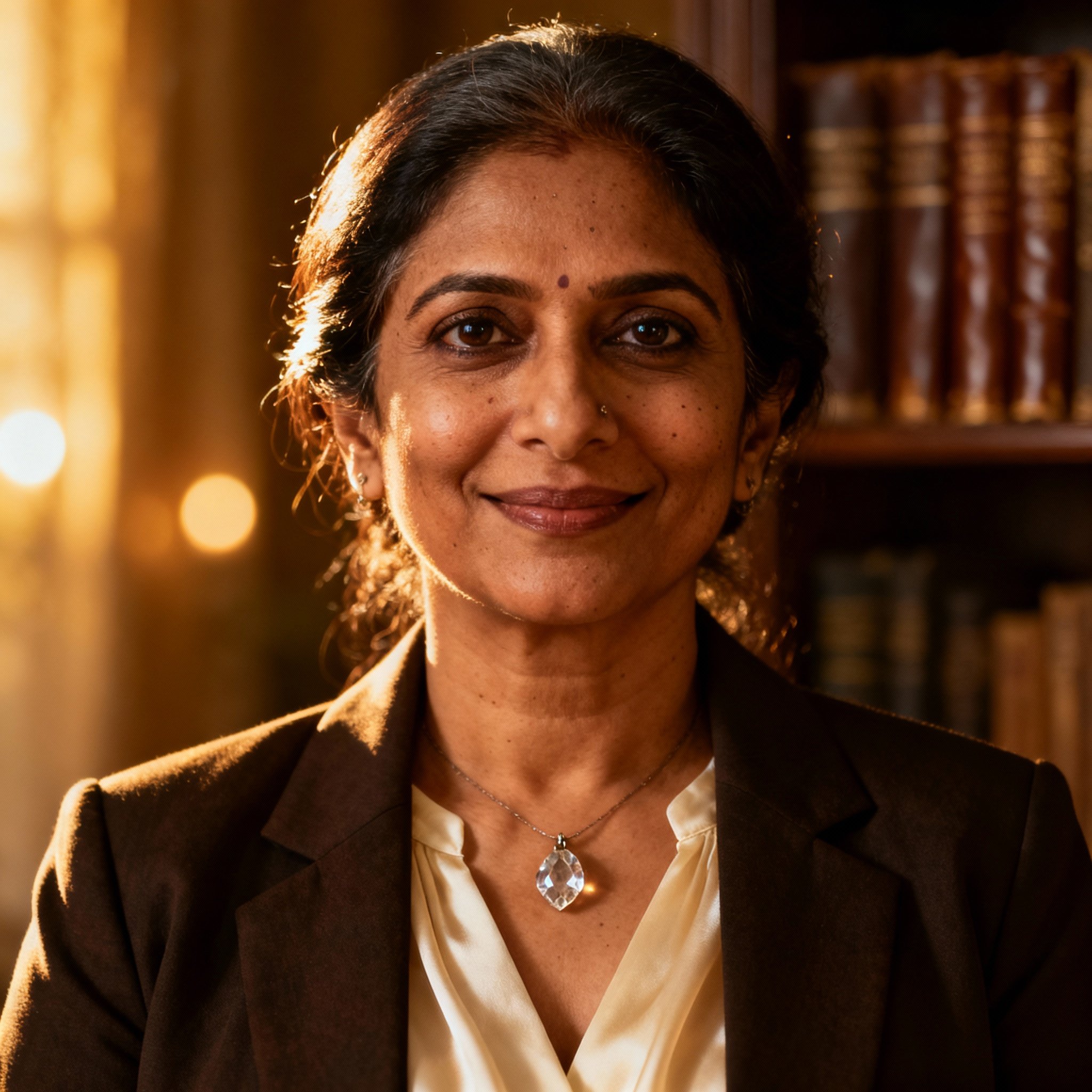 A professional close-up portrait of psychic advisor Anu Ka. She is a middle-aged woman with wise, compassionate eyes and a gentle smile, looking directly at the camera to build trust. The background is soft and warmly lit, creating a serene atmosphere.