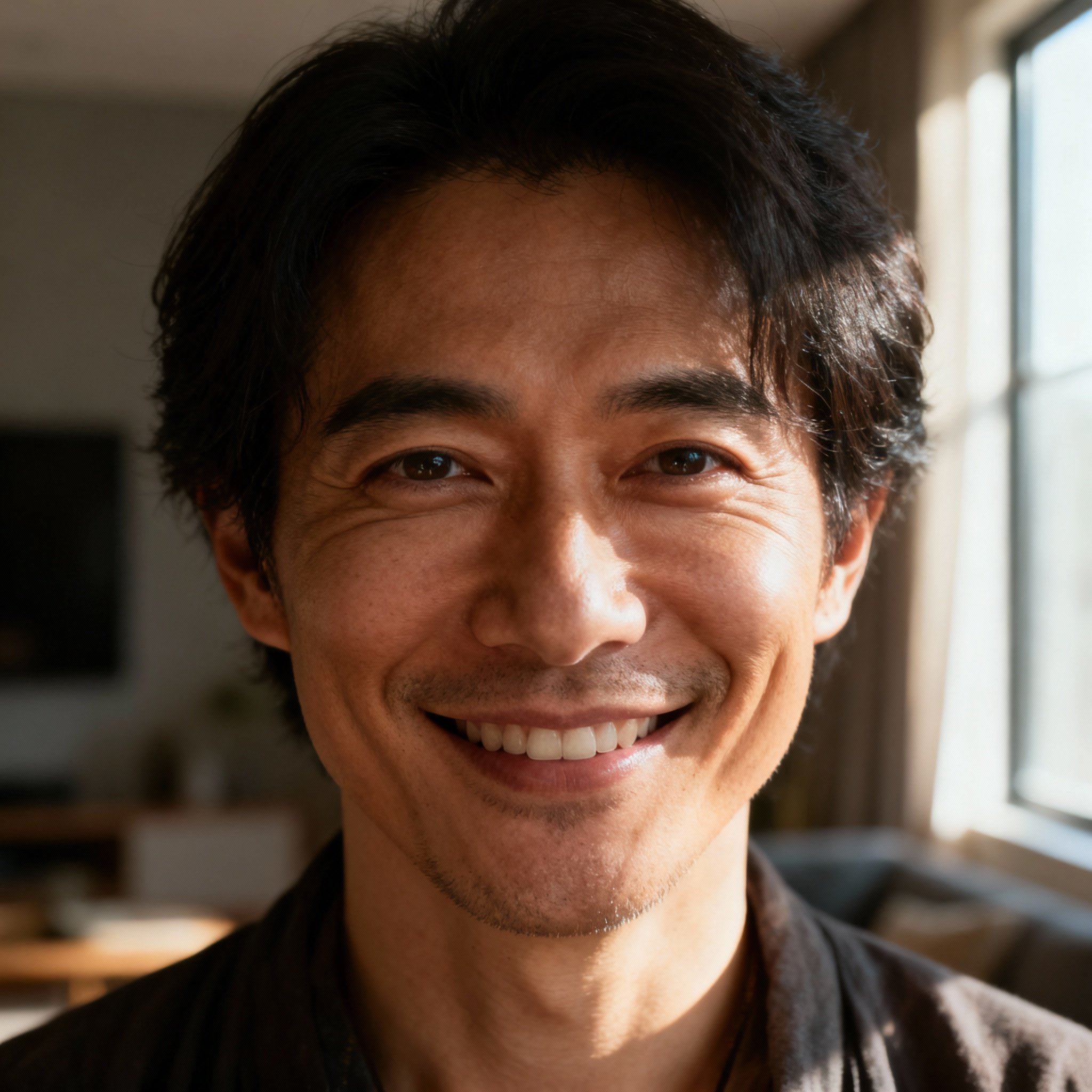 A close-up portrait of Raiden, a male psychic in his late 30s, who has a warm, empathetic smile and wise eyes, projecting a sense of trustworthiness.