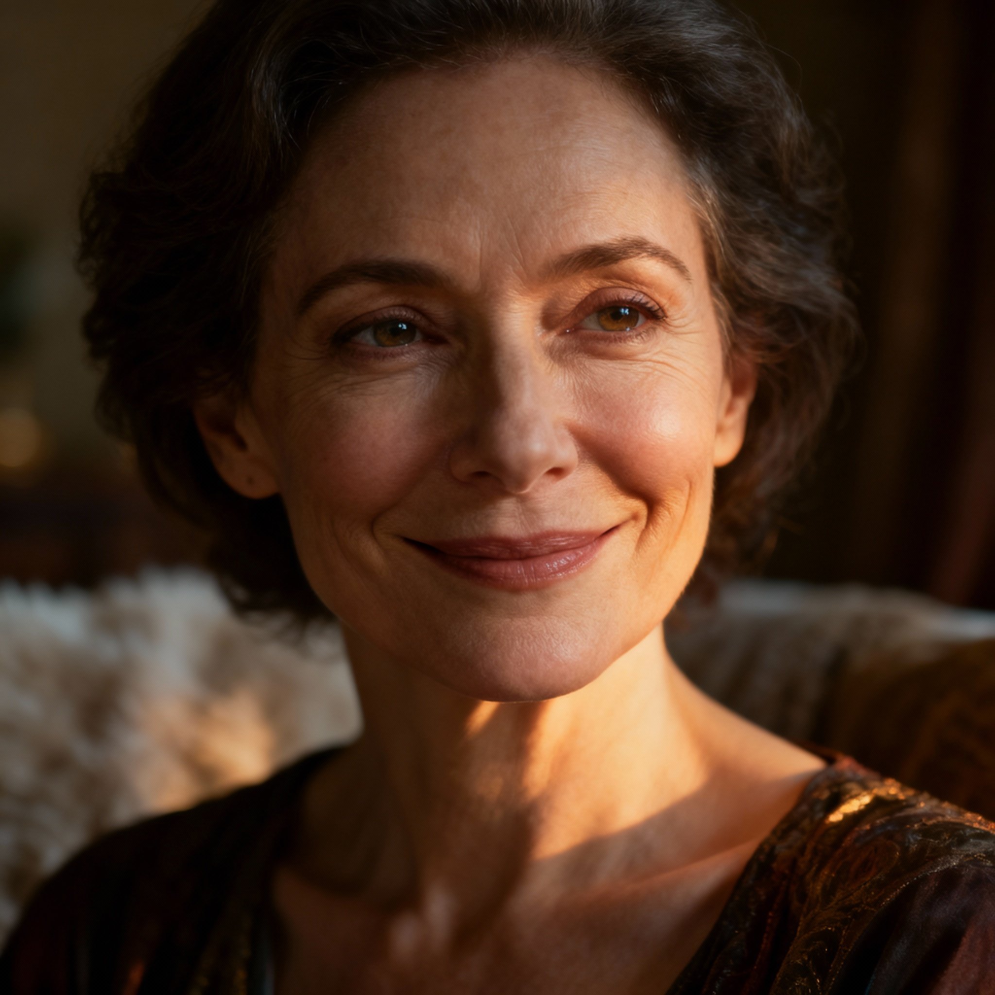 A close-up portrait of Alexandria, the psychic, with a warm smile and wise, compassionate eyes, set against a soft, comforting consultation room background to build trust.