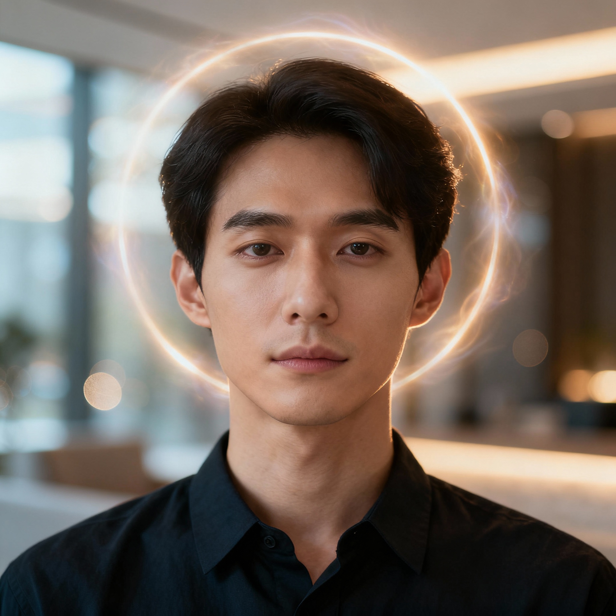 A professional close-up portrait of a modern male psychic. His gaze is sincere and empathetic, set against a soft, glowing background that conveys a sense of reliability and warmth.
