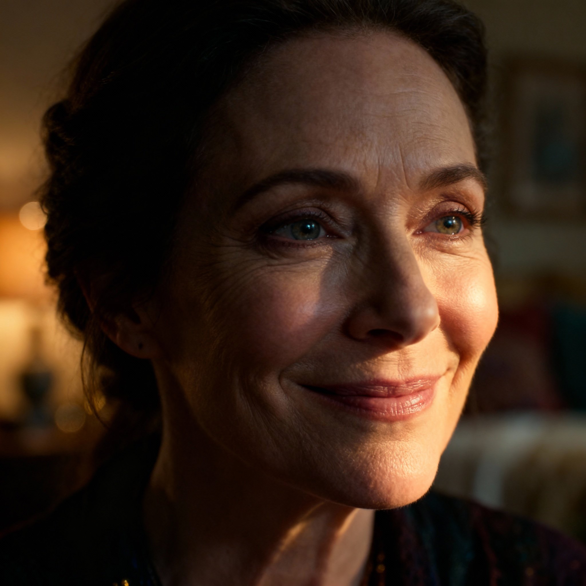 A close-up portrait of Psychic Selene, a wise and compassionate middle-aged woman. She has kind eyes and a gentle smile, set against a soft, warm light that evokes a sense of safety and trust.