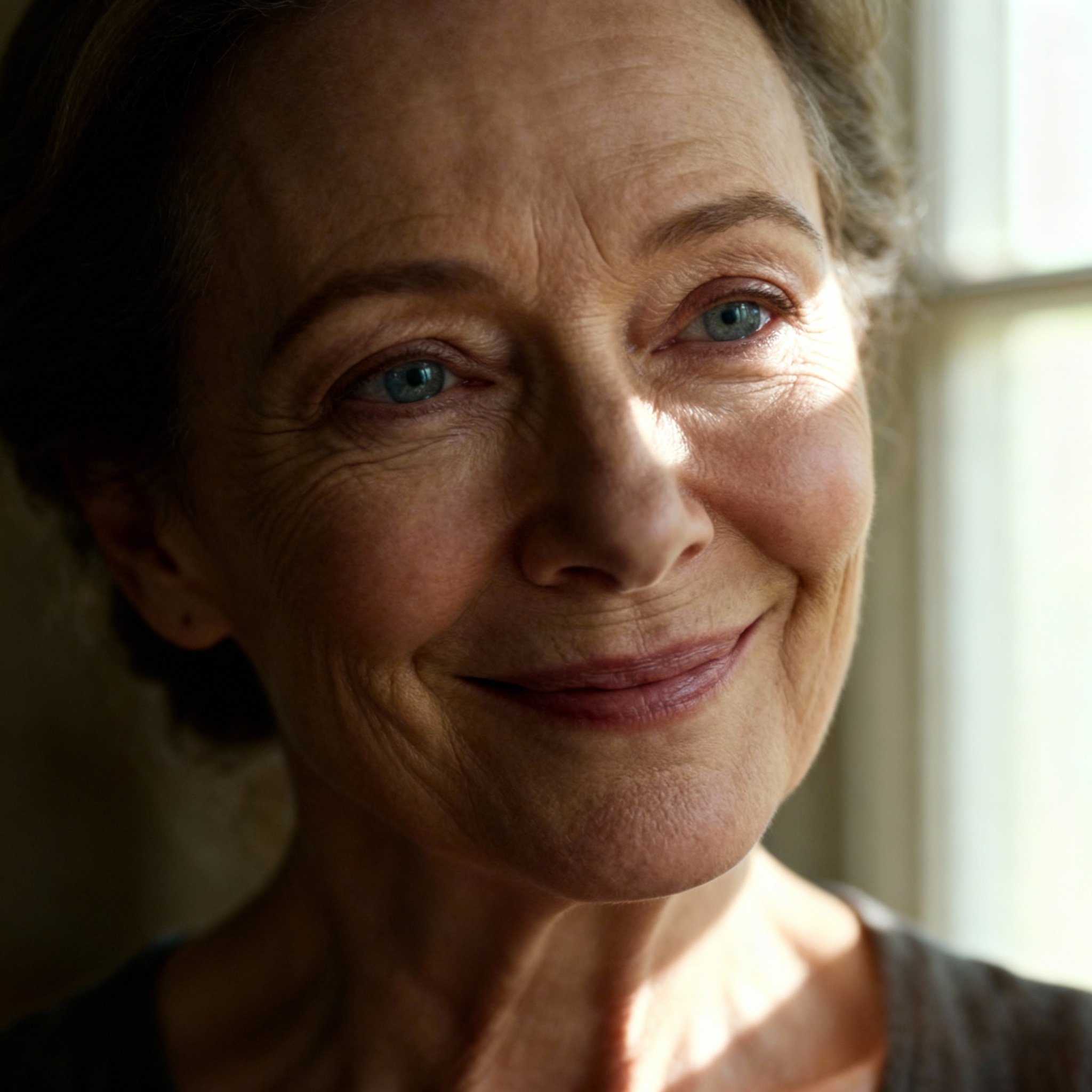 A close-up portrait of a warm, wise middle-aged female psychic with kind eyes and a gentle smile, exuding a sense of familial trust.
