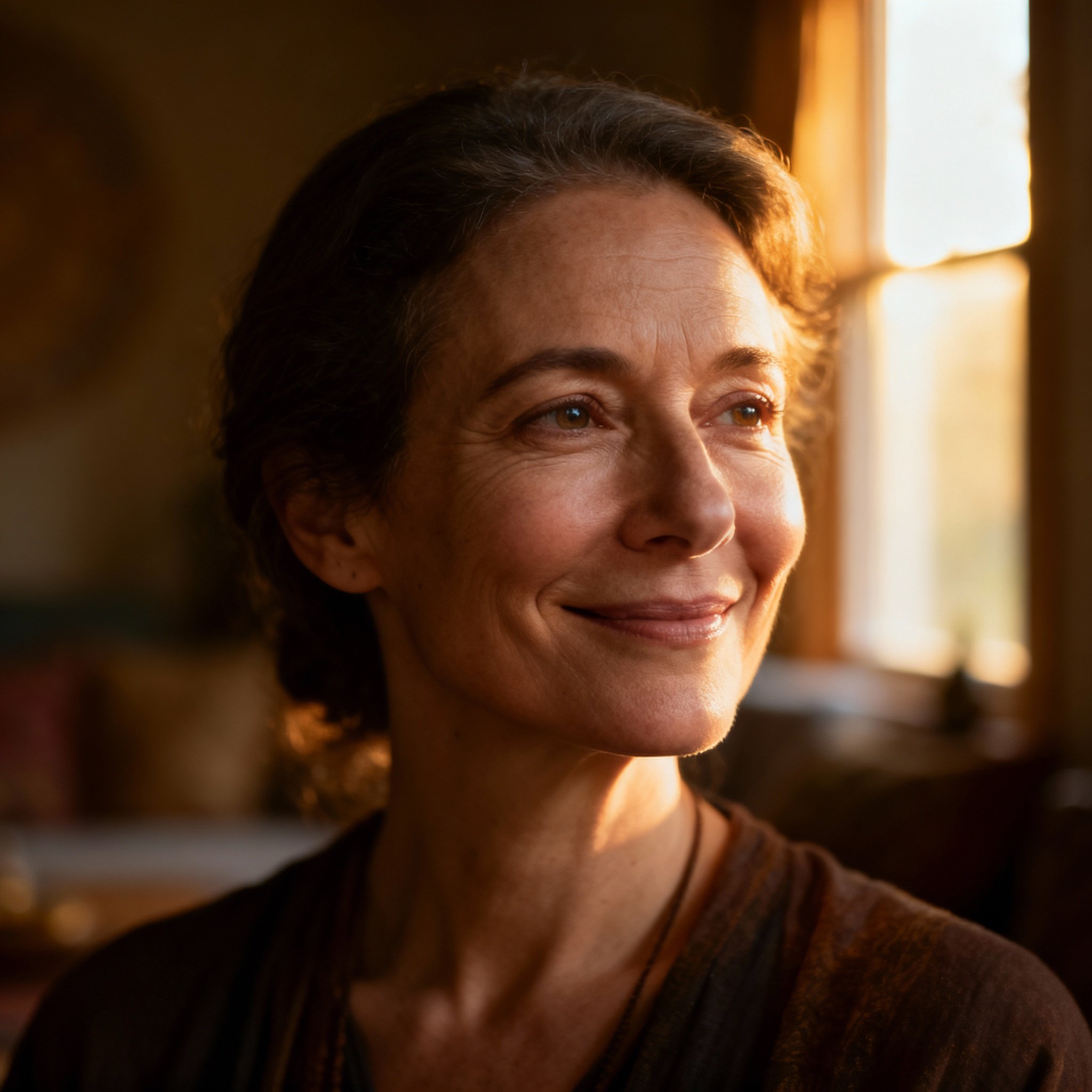 A close-up portrait of a compassionate and wise middle-aged female psychic. She has a warm smile and kind eyes, with a soft-focus background creating an atmosphere of trust and reassurance.