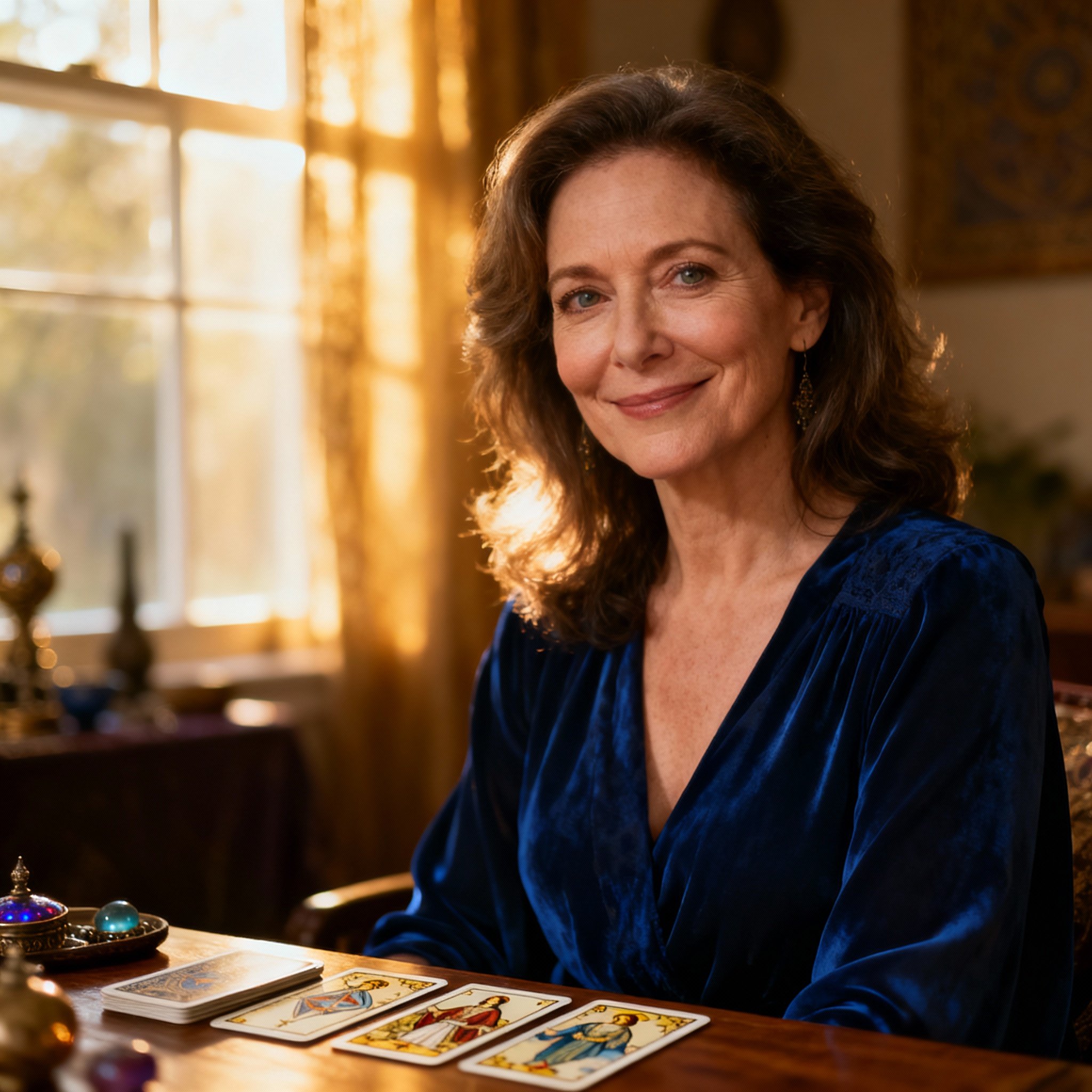 A close-up portrait of psychic Audrey Jade. She has a gentle smile, with eyes that convey compassion and wisdom, set against a soft, warm background that evokes a sense of trust and warmth.