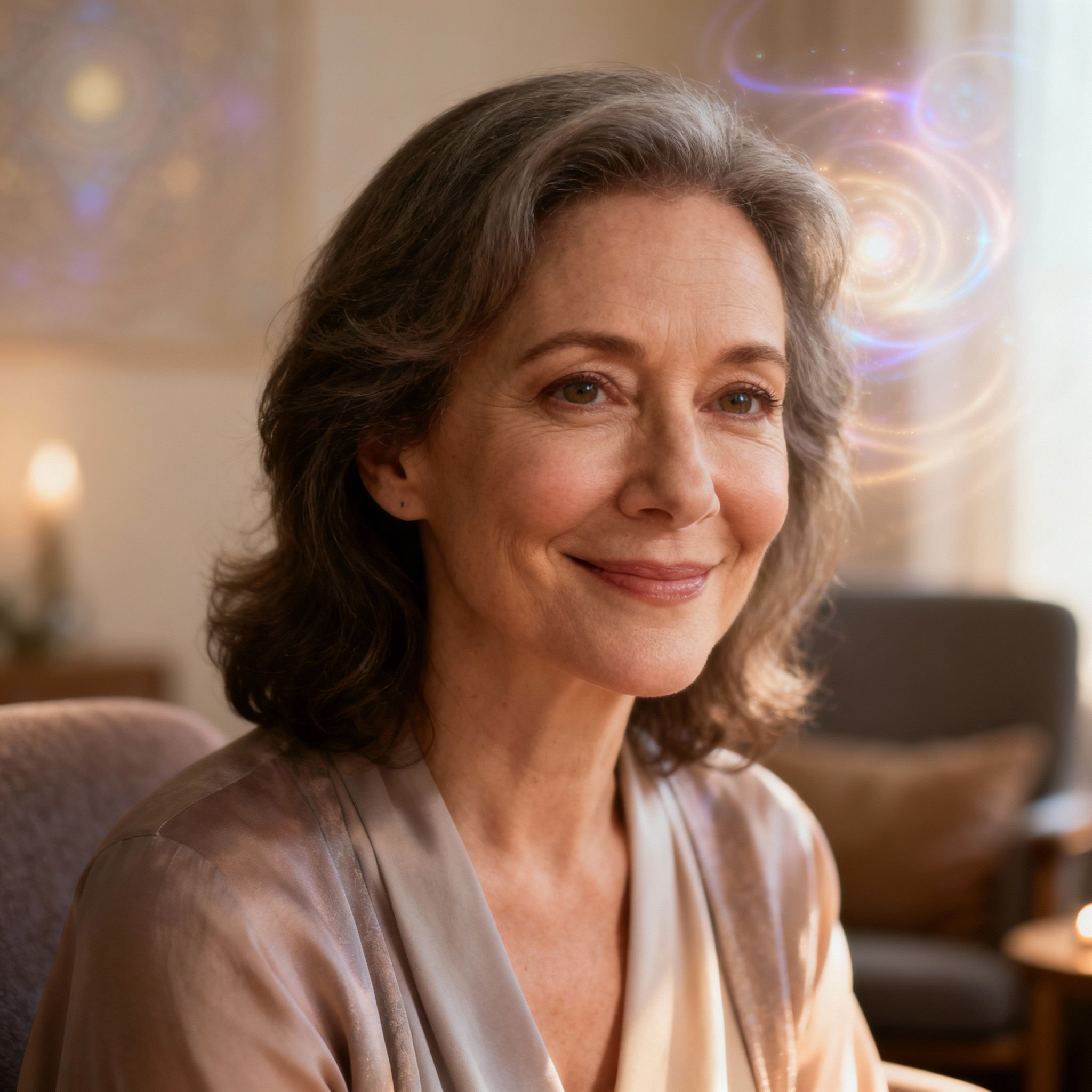 A close-up portrait of the psychic advisor Marley, who has a warm, reassuring smile and eyes full of wisdom and compassion, set against a soft background that creates a sense of trust.