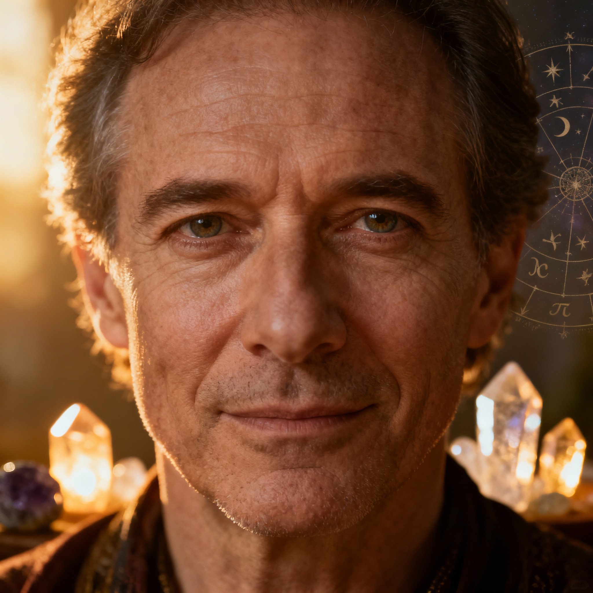 A close-up portrait of a wise and compassionate male psychic advisor. He has a gentle yet firm gaze, and the soft background light illuminates ancient astrological charts and glowing crystals, creating a professional, mystical, and trustworthy atmosphere.