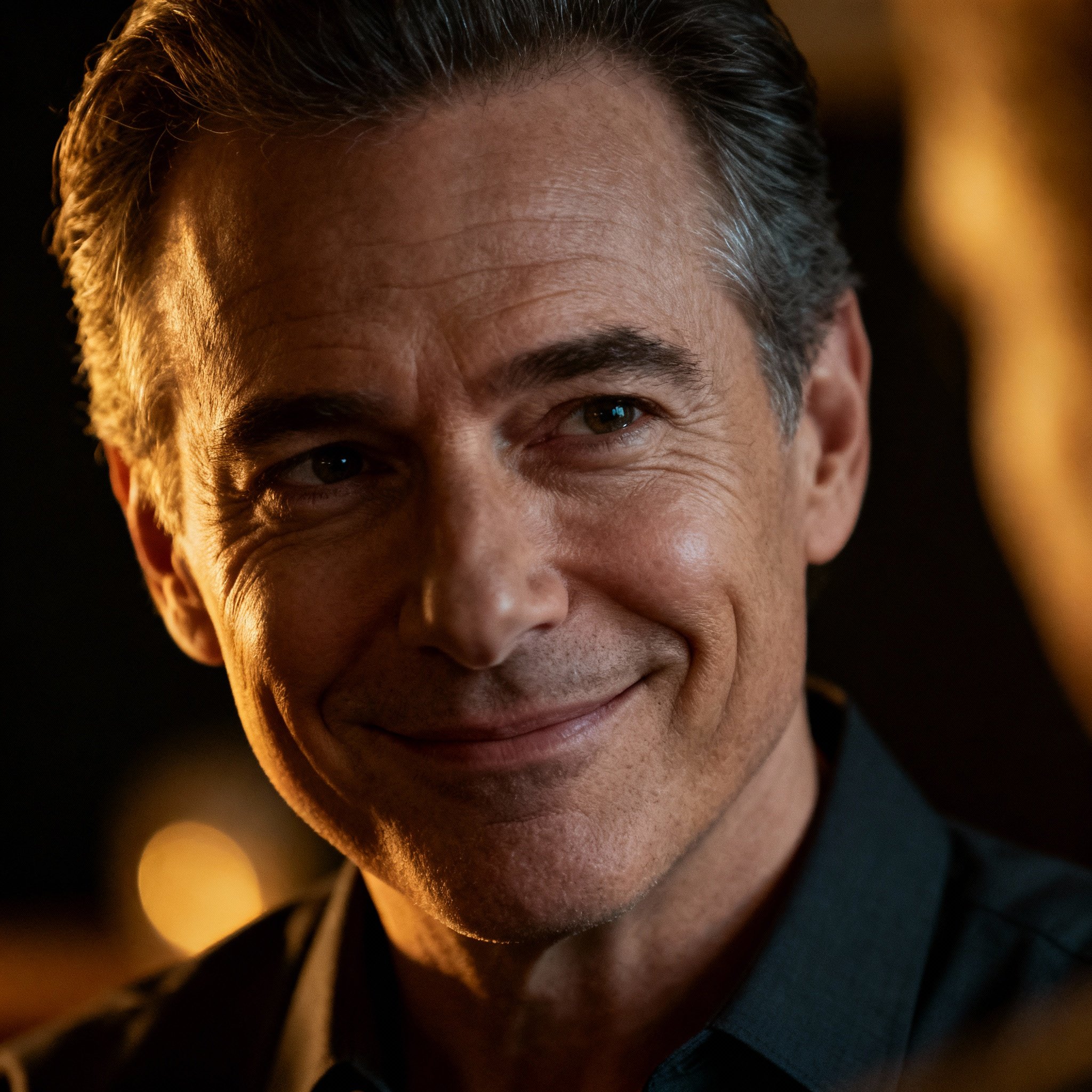 A close-up portrait of a wise and compassionate male psychic, his gaze is gentle yet firm, creating a sense of professionalism and trust.