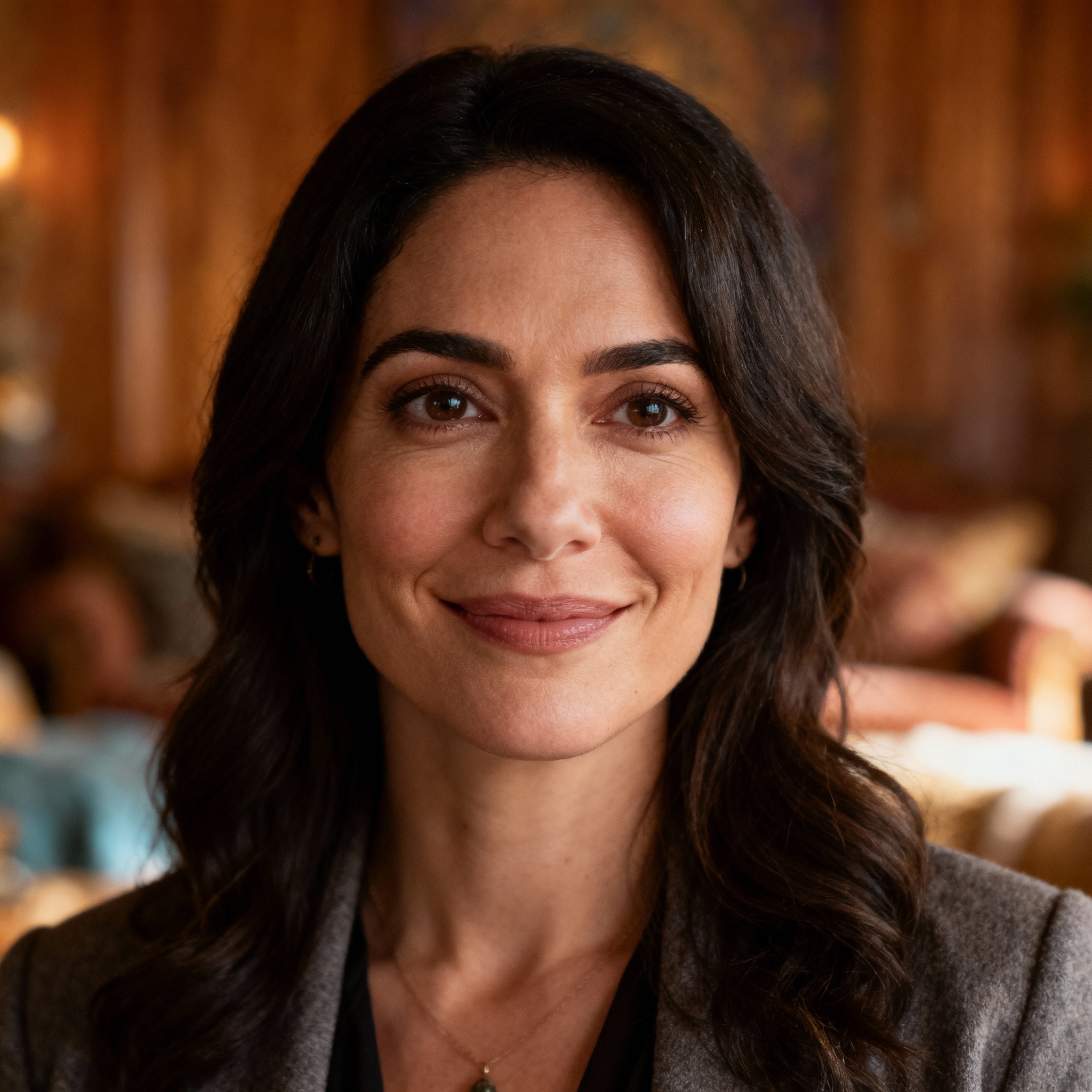 A professional close-up portrait of Kaila, the psychic advisor. She has a warm, genuine smile and her eyes convey wisdom and compassion. The background is a soft, cozy consultation space, creating a safe and trustworthy atmosphere.