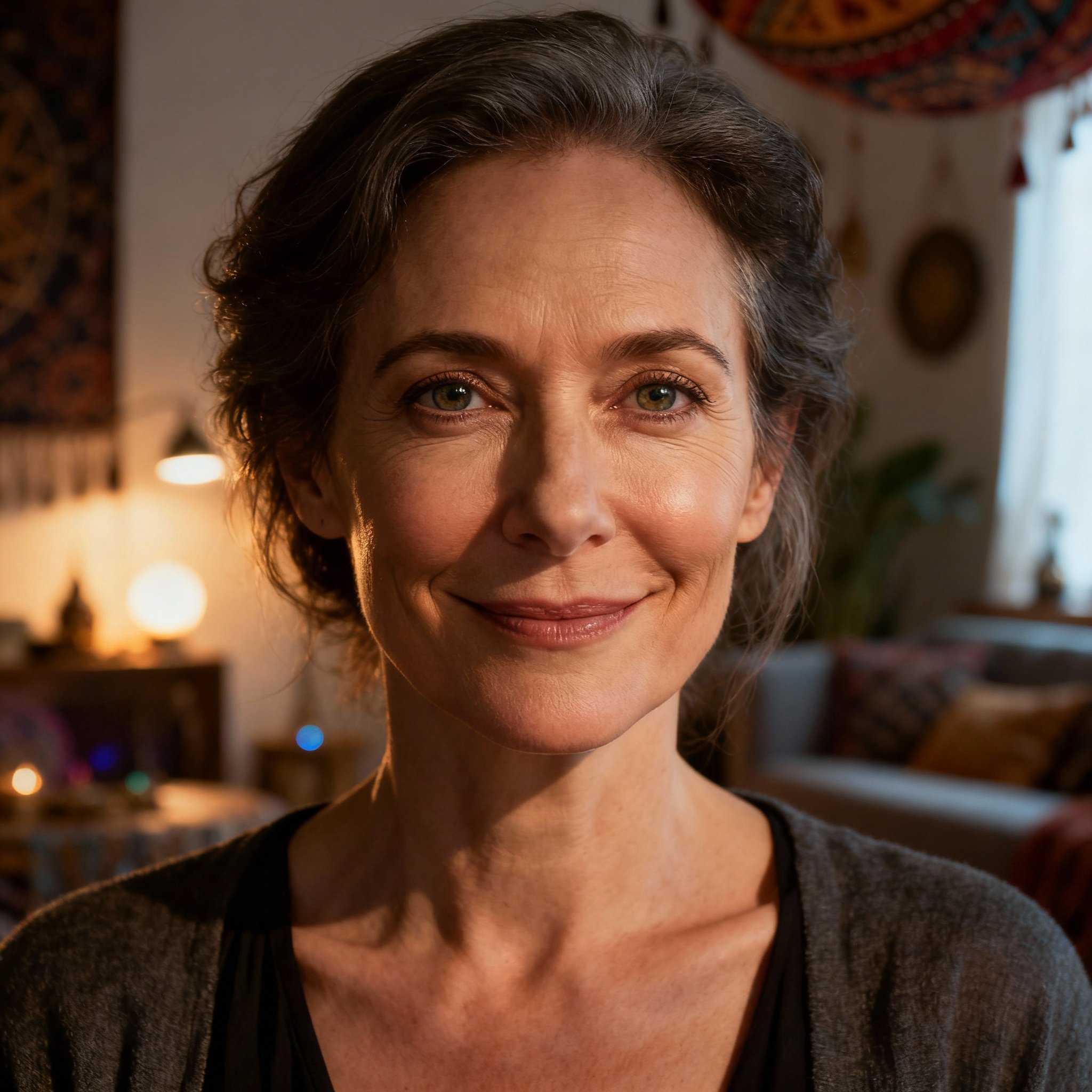 A close-up portrait of a female psychic in her 40s, with a wise and warm gaze, set against a backdrop of soft indoor lighting, creating a trustworthy and professional feel.