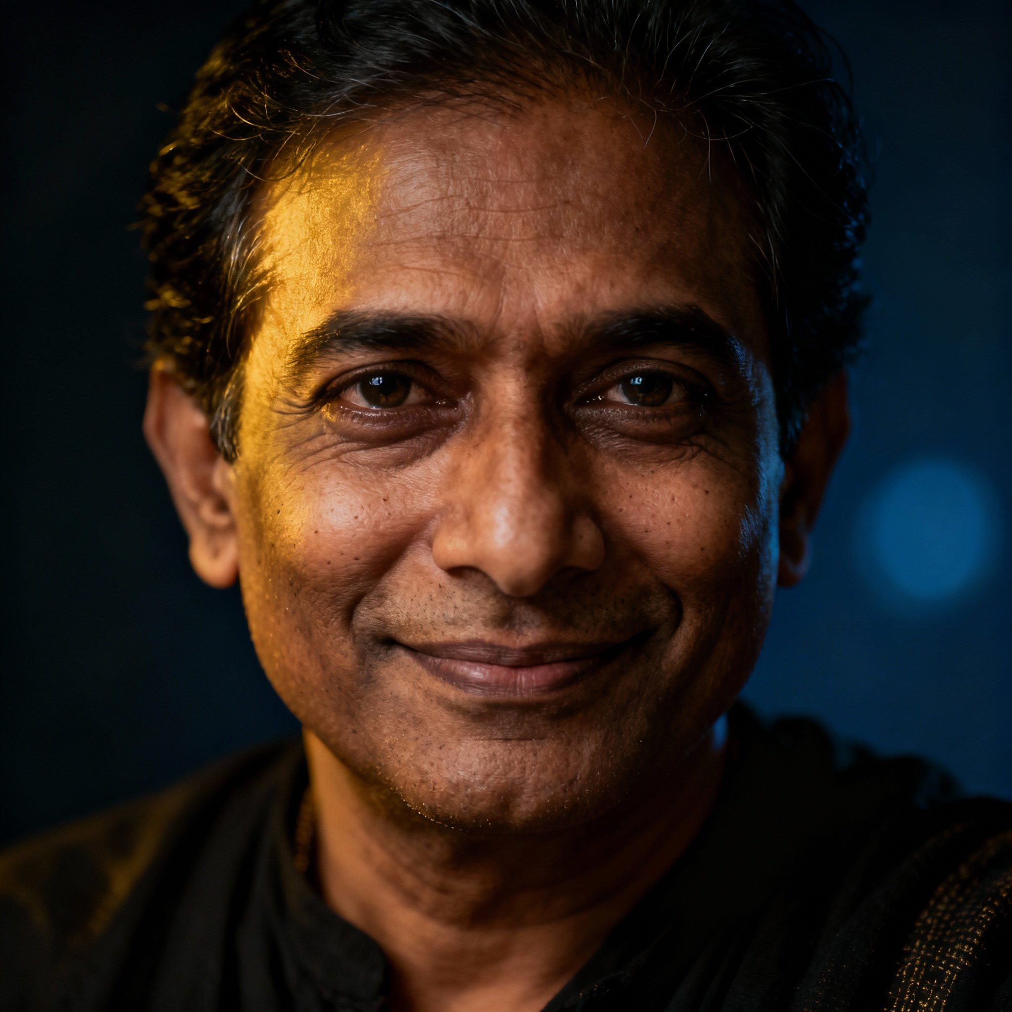 A close-up portrait of the psychic Dadudarbar, a middle-aged South Asian man with kind, empathetic eyes, set against a soft background, creating a sense of trust and warmth.