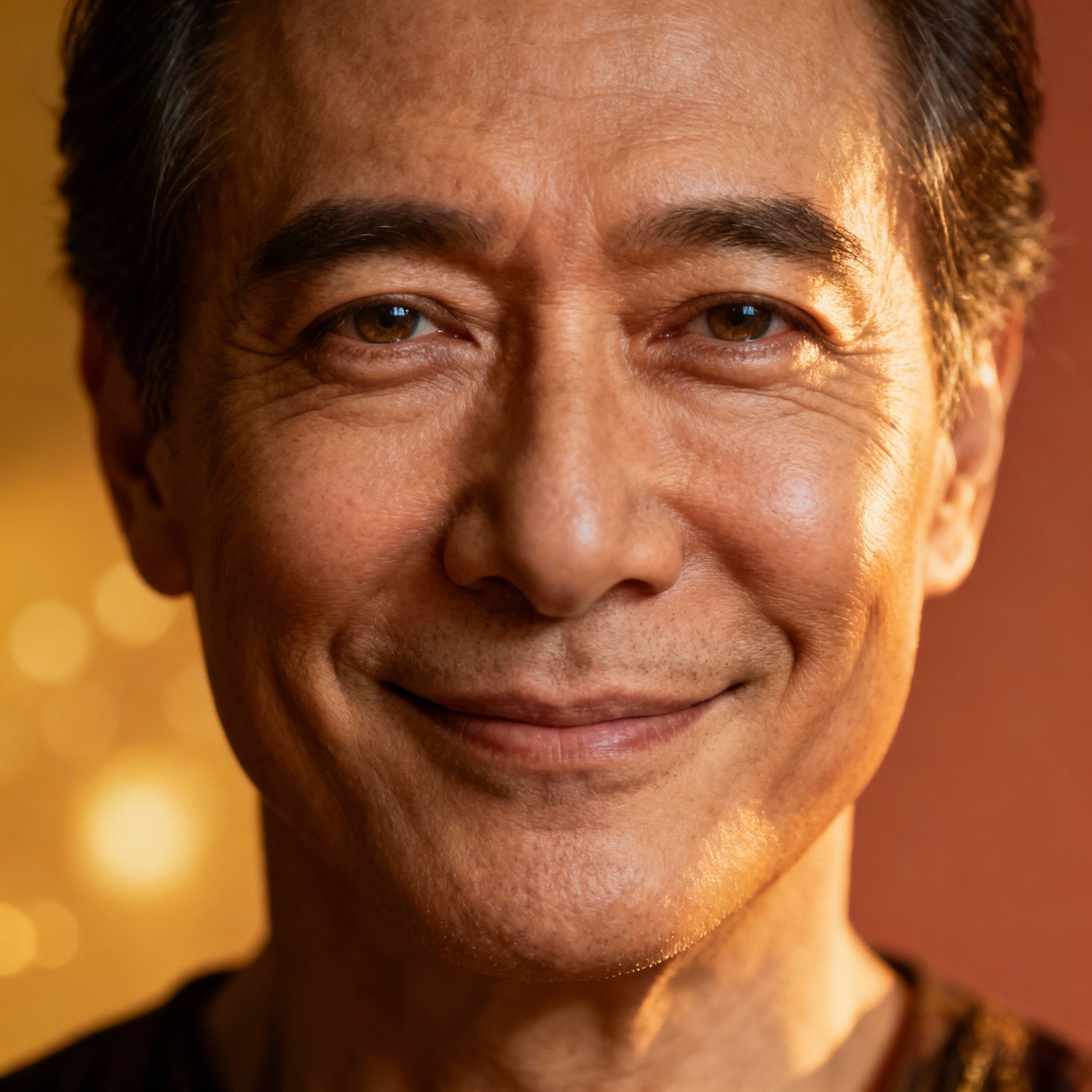 A close-up portrait of Psychic Edward, a middle-aged man with a gentle smile and eyes full of wisdom and compassion, against a soft background creating a professional and trustworthy feeling.