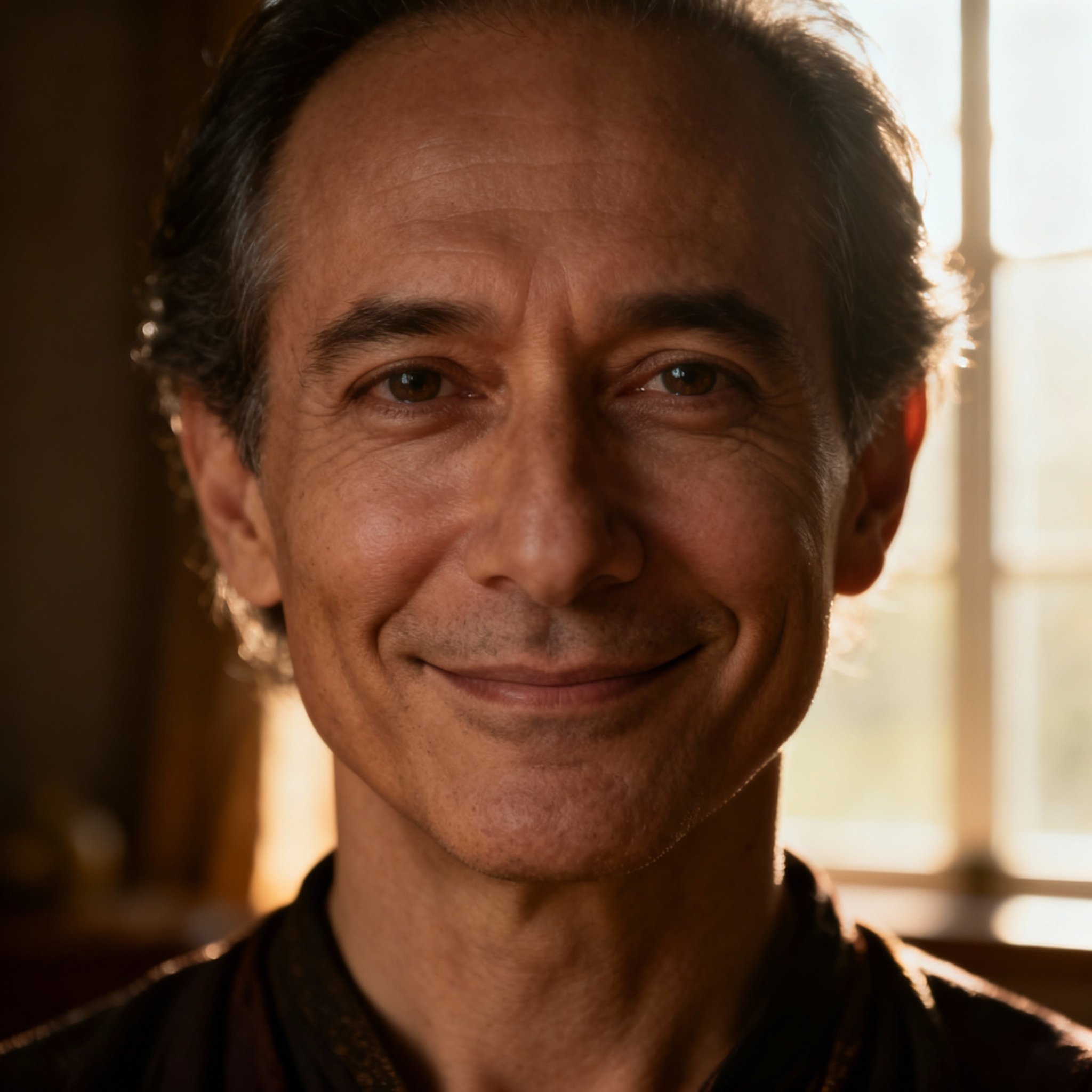 A close-up portrait of a male psychic named Dominick. He appears to be in his 40s with a calm, wise smile and empathetic eyes, projecting a sense of trustworthiness and serenity. Soft, natural light illuminates his face against a subtle, mystical background.
