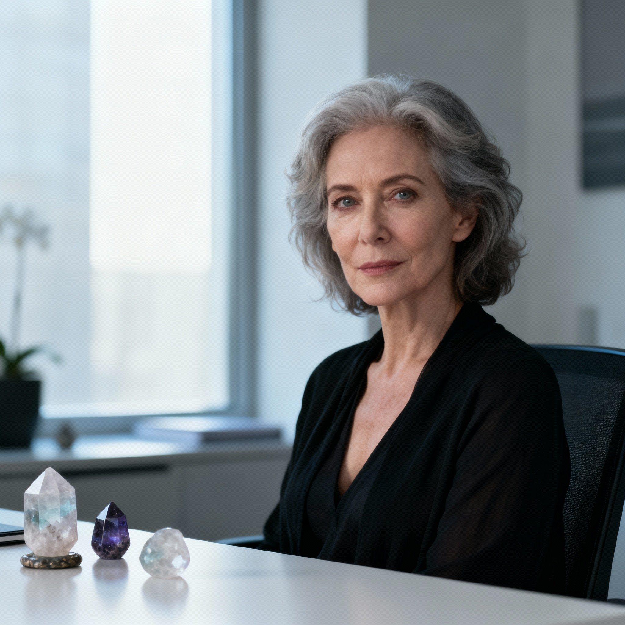 A close-up portrait of a wise and empathetic middle-aged female psychic, her gaze direct and confident, set against a soft, modern consultation room, creating a sense of professionalism and trust.