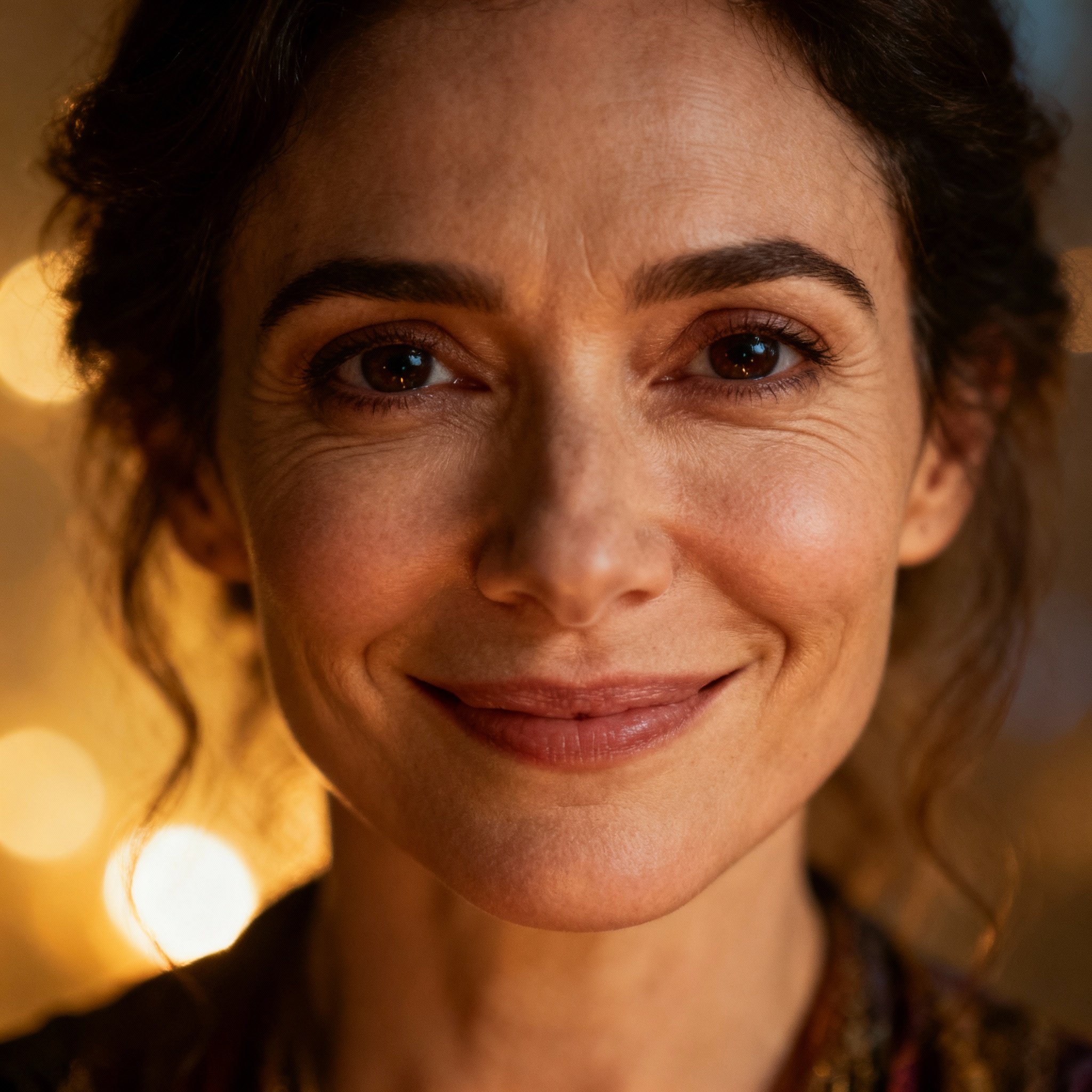 A close-up portrait of a wise and compassionate modern female psychic. She has a warm smile and knowing eyes, set against a soft, gentle light, evoking a sense of trust and reassurance.